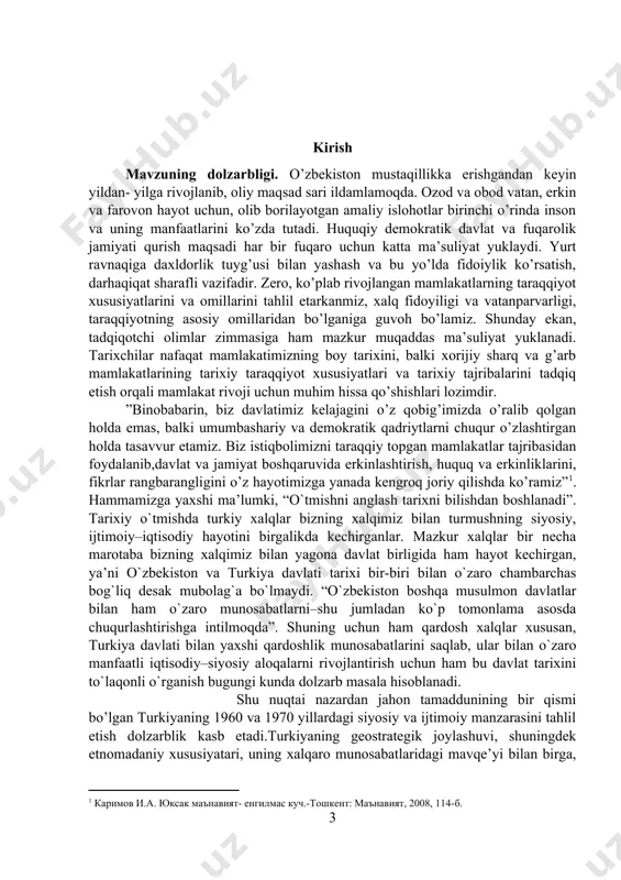 korpusi hisoblangan.ular mamlakat boshqaruvida o’z pozitsiyalariga ega bo’lishgan.demak harbiylarning ahamiyati oldindan yuqori bo’lgan. ikkinchidan, ikkinchi jahon urushidan keyin turkiyadagi ijtimoiy – siyosiy vaziyat murakkab edi. natijada mamlakat hayotida ko’plab ichki muammolar va hukumatga nisbatan ishonchsizlik, noroziliklar paydo bo’ladi. bu esa mamlakatning siyosiy boshqaruvida qanaqadir o’zgarish qilishni talab qilardi. demak turkiyaning bu davrdagi tarixini o’rganish 1960 – yilgi harbiy to’ntarishdan oldin mamlakatdagi vaziyat va o’sha harbiy to’ntarish o’tkazishning sabablari, shart – sharoitlari va oqibatlarini o’rganish bilan ahamiyatli va dolzarb hisoblanadi. qolaversa, 1946 yilda tashkil topgan va o’sha davrda hukmron partiya hisoblangan demokratik partiya dastlab faoliyatini boshlaganida demokratik islohotlkarni chuqurlashtirishga katta e’tibor bergan. mavzuning maqsad va vazifalari kurs ishidan ko’zlangan 1960 – 1970- yillardagi turkiyada harbiy tuzum davrini o’rganish hamda bu davrda yuz bergan ijtimoiy – siyosiy voqealarni, jarayonlarni chuqur yoritish va tahlil qilishdan iborat. asosiy vazifalar quyidagilardan iborat: turkiyada 1960 – 1970 – yillarda harbiy tuzum davrida yuz bergan ijtimoiy – …