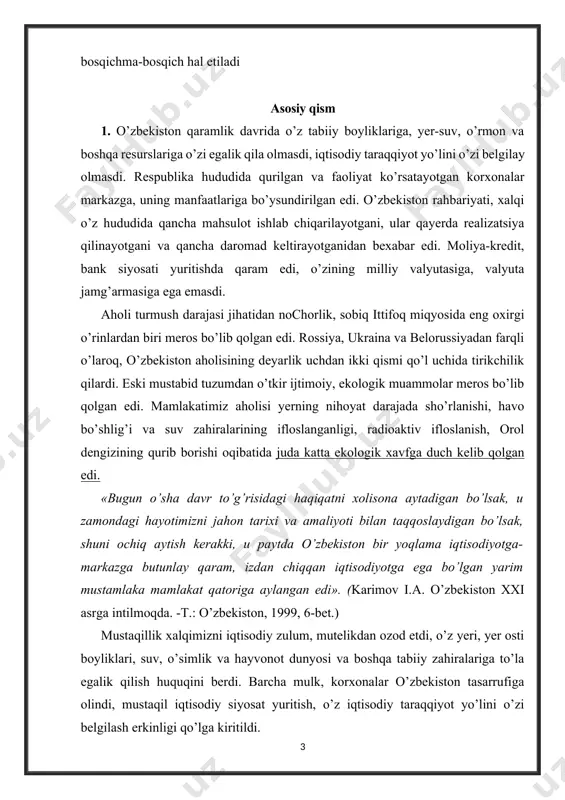 kiritildi. davlat mustaqilligi qo’lga kiritilgach, o’zbekiston umumbashariy, jahon sivilizatsiyasining katta yo’liga tushib oldi. o’zbekiston bozor munosabatlarini shakllantirishni, milliy an’analarga asoslangan o’z yo’lini tanlab oldi. o’zbekistonda bozor munosabatlariga o’tishning o’ziga xos yo’li ishlab chiqildi. bu yo’lning asosiy qoidalari prezident islom karimovning «o’zbekiston-bozor munosabatlariga o’tishning o’ziga xos yo’li» nomli asarida, ma’ruza va nutqlarida asoslab berildi (besh tamoyil). bu yo’lga, birinchidan, xalqaro tajriba asos qilib olindi. ikkinchidan, xo’jalik imkoniyatlari, shart-sharoitlari, eski tuzumdan meros bo’lib qolgan muammolar hisobga olindi. o’zbekistonda ijtimoiy yo’naltirilgan bozor iqtisodiyotini shaklllantirish uchun iqtisodiyotni tubdan isloh qilishga kirishildi. avvalo, iqtisodiy islohotlarning qo’yidagi strategik maqsadlari belgilab olindi: - kishilar hayoti va faoliyati uchun zarur shart-sharoitlarni ta’minlaydigan iqtisodiy tizimni barpo etish; - ko’p ukladli iqtisodiyotni yaratish; - xususiy mulkning davlat tomonidan himoya qilinishini ta’minlash; - korxonalar va fuqarolarga keng iqtisodiy erkinliklar berish; - iqtisodiyotda chuqur tarkibiy o’zgarishlar qilish va raqobatbardosh mahsulotlarni ishlab chiqarish; - jahon iqtisodiy tizimiga qo’shilib borish; - kishilarda yangicha iqtisodiy …