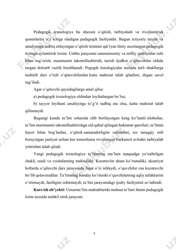 idir. g.l.shukinaning “pedagogika” kitobida o’qitish metodiga quyidagicha ta’rif beriladi. “o’qitish metodlari bu darsda o’quv-tarbiya maqsadlariga qaratilgan o’qituvchi va o’quvchilarning birgalikdagi ish faoliyatidir”. l.n.skatkin o’zining kitobida o’qitish metodiga quyidagicha ta’rif berdi: o’qitish metodlari – bu darsda o’quvchilar bilish faoliyatlarini tashkil etish usulidir.[footnoteref:2] [2: мuslimov n.а, qulieva sh.h. каsbt ta’limi o’qituvchilarini tayyorlash jarayoniga tizimli yondashuvni amalga oshirishda muammoli vaziyatlar. – т.: fan va texnologiyalar, 2007. – 54] bu ta’rifga buyuk psixolog i.ya.lerner ham qo’shiladi. lekin, uslubshunos olim nikandirov o’zining doktorlik dissertasiyasida o’qitish metodlariga ta’rif berar ekan “o’qitish metodlari bu darsda o’quvchilarning bilish faoliyatlarini boshqarish usullaridir” deb ta’kidlaydi. toshkent shahridagi “o’qitish mazmuni va metodlari ilmiy tadqiqot ishlari” institutining biologiya sektorida o’qitish metodlariga quyidagicha ta’rif berildi: o’qitish metodlari – bu darsda o’qituvchi va o’quvchilarning ish faoliyati bo’lib, uning evaziga o’quv tarbiya ishlari hal etiladi”. yoki shu institutning “boshlang’ich ta’lim” sektorida a.m.pishkalo rahbarligida quyidagicha ta’rif keltirildi: o’qitish metodlari – bu darsda o’qituvchi va o’quvchilarning birgalikdagi …