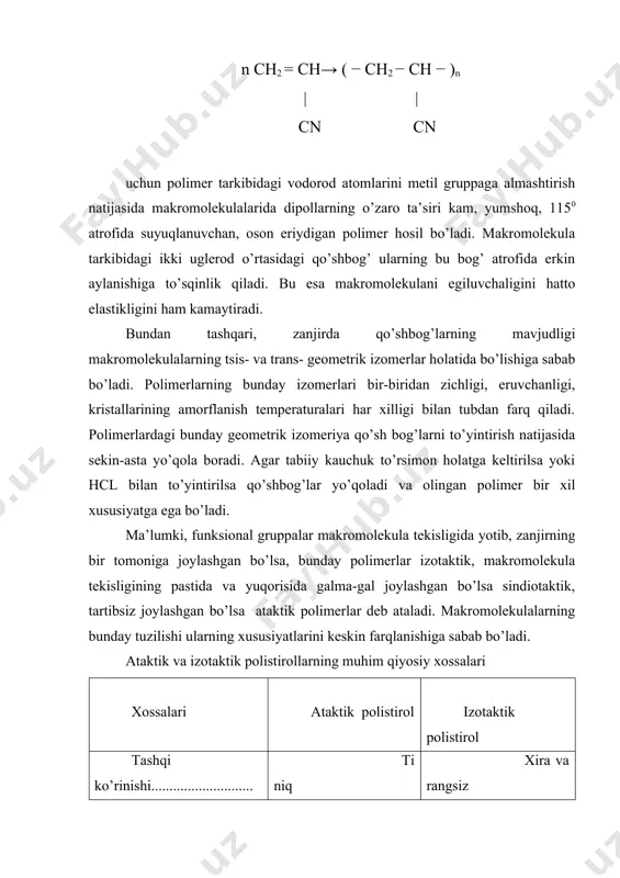 5000 8 – 9 erimaydi stereotartibli polimer makromolekulalari izotaktik va sindiotaktik yoki izotaktik va ataktik bloklardan tashkil topgan bo’lishi ham mumkin. r ch2 ch2 | ch2 ch2 ch2 ch2 ch2 \ / \ / \ / \ / \ / \ / ch ch ch ch ch ch | | | | | r r r r r ataktik blok izotaktik blok ular odatda stereoblok polimerlar deb ataladi. stereoblok polimerlarda radikallar zanjirning bir tekisligida, ba’zan ikkinchi tekisligida yoki betartib ravishda joylashgan bo’ladi. bloklarning katta-kichikligini nazorat qilib (o’zgartirib), tarkibi bir xil polimerlarning xossalarini xohlagan tomonga o’zgartirish mumkin. agar bloklar kichiklashib borsa, polimer sekin – asta ataktik yuqori molekulyar birikmalarga, kattalashib borsa, izotaktik birikmalarga aylana boradi. stereoblok polimer tarkibidagi ataktik bloklar unga yuqori elastiklik xossasini bersa, izotaktik bloklar hisobiga polimer plastik xossasiga ega bo’ladi. ular ko’p xossalari bilan to’rsimon polimerlarga ham o’xshab ketadi. lekin ba’zi suyuqliklarda erishi, yuqori temperaturada plastik holga o’tishi …