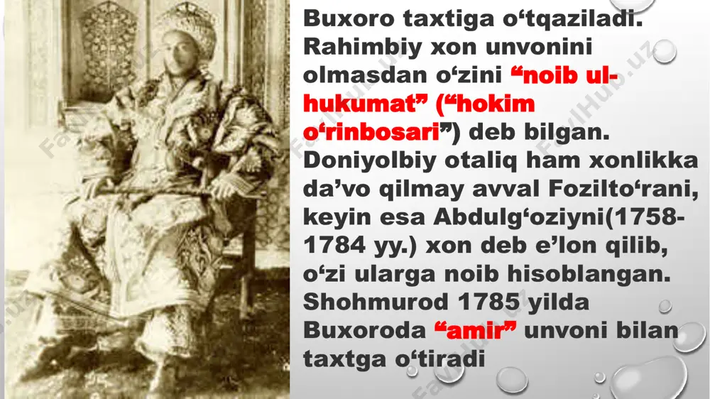 ar boshlig‘i hisoblangan. diniy mansablar va unvonlar amirlikda rasman uchta diniy unvon – o‘roq, sudur va sadr mavjud bo‘lgan. manbalarga ko‘ra, madrasani tugutgan shaxs mulla, qozi, rais amallarini egallashi mumkin bo‘lgan. yuqoridagi amallarda bir necha yil ishlagnidan so‘ng shariat huquqlari sohasida to‘plagan bilim va tajribalari asosida bunday shaxslarga dastlab o‘roq, keyin sudr va so‘ngra sadr unvonlari berilgan. eng oxirgi diniy unvoni bo‘lgan shaxslar qozikalon, muftiy, a’lam, oxun kabi diniy amallarni egallashi mumkin bo‘lgan. amirlikda harbiylar tomonidan sodir etilgan jinoyatlar va ularning shikoyatlarini shu masalalar bilan shug‘ullanuvchi maxsus amaldor-qozi askar ko‘rib chiqqan. harbiy jinoyatlar bo‘yicha fatvo tayyorlash muftiy askar zimmasida bo‘lgan. demak, amirlikdagi harbiylar va fuqarolik ishlari alohida-alohida mahkamalar tomonidan ko‘rib chiqilgan amir nasrullo davrida amirlikda muntazam qo‘shin – sarbozlar qo‘shini tashkil etilgan. eng yuqori harbiy unvonlar sarkarda, amiri lashkar, dodxoh(qo‘shin boshlig‘i) kabilar bo‘lib, qo‘ronbegi, to‘qsabo, mingboshi kabi oliy toifali harbiy amaldorlar ham faoliyat yuritgan. bekliklar hududidagi qo‘shinga beklarning o‘zlari rahbarlik …