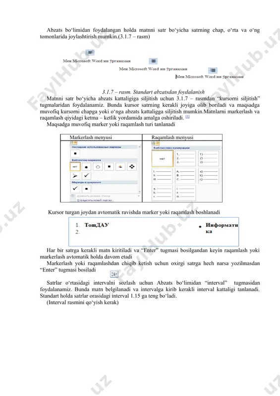 i kursor turgan joydan avtomatik ravishda marker yoki raqamlash boshlanadi har bir satrga kerakli matn kiritiladi va “enter” tugmasi bosilgandan keyin raqamlash yoki markerlash avtomatik holda davom etadi markerlash yoki raqamlashdan chiqib ketish uchun oxirgi satrga hech narsa yozilmasdan “enter” tugmasi bosiladi satrlar o‘rtasidagi intervalni sozlash uchun abzats bo‘limidan “interval” tugmasidan foydalanamiz. bunda matn belgilanadi va intervalga kirib kerakli interval kattaligi tanlanadi. standart holda satrlar orasidagi interval 1.15 ga teng bo‘ladi. (interval rasmini qo‘yish kerak) granitsa – satrni (yoki bir nechta satrni) ramkaga olish uchun ishlatiladi (3.1.8 – rasm). o‘z navbatida sahifaning belgilangan maydoniga rang (fon) berish uchun “zalivka” tugmasidan foydalaniladi. va menyudan mos rang tanlanib sichqonchaning chap tomoni bosiladi. 3.1.8 – rasm. granitsa menyusi stil (stili)– bo‘limida matn uchun umumiy bo‘lgan stil berish mumkin. bunda stil menyusidan kerakli bo‘lgan stil tanlanadi va sichqonchaning chap tugmasi bosiladi (3.1.9 – 3.1.9 – rasm. stil menyusi taxrirlash (redaktirovanie) – matn bo‘yicha so‘zlarni …
