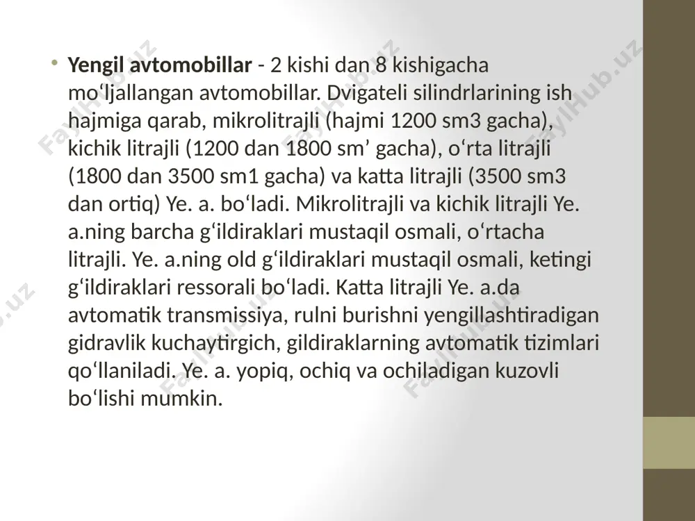 llari ushbu turdagi avtoulovga misol bo`la oladi. 2 xechbek - ushbu turdagi avtomashinalar 1-2 qatorli o'rindiqlarga, 2-4 eshiklarga ega bo'lib, ort va oldi taraflari kaltalashtirilgan bo'ladi. bularga chevrolet matiz, ford focus avtomobillari kiradi. bunday avtomobillar tirbandlik ko'p uchrab turadigan shaharlarga mos, chunki ularning kichik hajmlari mashinalar orasidan yoki kichik ko'chalardan o'tishga qulayroq. 3 universal - turdagi avtomobillar sedan avtomobillariga o'xshash , lekin bagaj qismi ko'tarilgan, ya'ni avtomobil saloni bagajning ustigacha uzunlashtirilgan bo'ladi. katta oilalar sayohatga chiqishganda ushbu avtomobil asqotadi. chunki, kengaytirilgan bagajga kerakli bo'lgan yuklarni joylab, salonda bemalol manzilga yetishingiz mumkin. 4 kupe - turidagi avtomobillar yopiq kuzovli, 2 eshikli va 2 qator o'rindiqlarga egaligi bilan ajralib turadi. bu turdagi avtomobillardan ko'proq sport poygalarida foydalaniladi. 5 pikap - turidagi avtomobillarning hajmi odatda katta bo'lib, undan ko'proq og'ir yuklar tashishda foydalaniladi. passajirlar o'tiruvchi salon yopiq, lekin bagaj qismi keng va ochiq bo'ladi. bunday avtomobillarni har kuni haydash uchun yaramaydi, chunki ular …