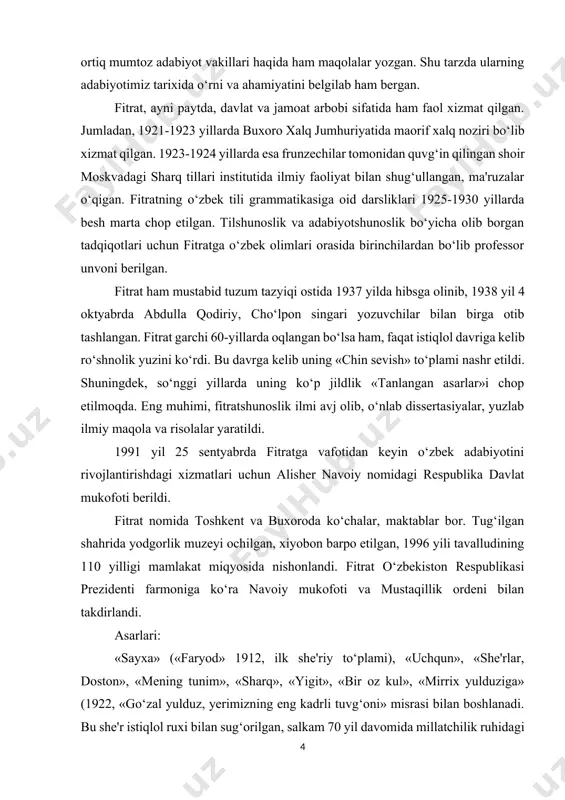 blikasi prezidenti farmoniga ko‘ra navoiy mukofoti va mustaqillik ordeni bilan takdirlandi. asarlari: «sayxa» («faryod» 1912, ilk she'riy to‘plami), «uchqun», «she'rlar, doston», «mening tunim», «sharq», «yigit», «bir oz kul», «mirrix yulduziga» (1922, «go‘zal yulduz, yerimizning eng kadrli tuvg‘oni» misrasi bilan boshlanadi. bu she'r istiqlol ruxi bilan sug‘orilgan, salkam 70 yil davomida millatchilik ruhidagi asar sifatida baxolangan bo‘lib, unda sotqin, ikkiyuzlamachi, zolim odamlar qoralangan), «munozara» (s. ayniy «bu asar davr taraqqiyotiga g‘oyat kuchli va samarali ta'sir ko‘rsatdi», deb baholagan asar), «yurt kayg‘usi», «qiyomat» (xikoya qaxramoni pochamir «nima qilgan bo‘lsam yaratganning irodasi bilan qilganman. yaratgan mening barcha qilmishlarimdan voqif-ku, bu yerda hisob-kitob kilib o‘tirishning nima keragi bor» — degan), «begijon» (1916), «abo muslim» (1916) «temur sag‘anasi» (1918), «o‘g‘uzxon» (1919), «chin sevish», «arslon» (1925), «abulfayzxon», «hind ixtilolchilari» (1923, berlin, rusiya istibdodiga qarshi kurashga chorlovchi asar) kabi dramatik asarlari, «adabiyot qoidalari» (1926, adabiyot muallimlari va adabiyot havaslilari uchun ko‘llanma), «xvi asrdan so‘nggi o‘zbek adabiyotiga bir …