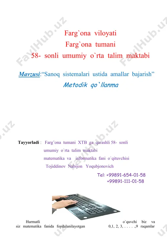 ayirish ko`paytirish 1+1=10 0-0=0 1*1=1 1+0=1 1-0=0 1*0=0 0+1=0 10-0=10 0*1=0 0+0=0 10-1=1 0*0=0 1-misol 1101101,001+110010,101 1101101, 001 + 110010,101 10011111,110 j:10011111,110 2-misol 110011,010-10111,101 110011, 010 - 10111,101 11011,101 j:11011,101 3- misol 101,11*11,01 101, 11 * 11,1 10111 10111 10111___ 10100,001 j: 10100,001 avvalo tushuncha hosil bo`lishi uchun turli sanoq sistemasida sonlar jadvalini tuzib olamiz 10 s/s 0 1 2 3 4 5 6 7 8 9 10 11 12 13 14 2 s/s 0 1 10 11 100 101 110 111 1000 1001 1010 1011 1100 1101 1110 4 s/s 0 1 2 3 10 11 12 13 20 21 22 23 30 31 32 5 s/s 0 1 2 3 4 10 11 12 13 14 20 21 22 23 24 … 8 s/s 0 1 2 3 4 5 6 7 10 11 12 13 14 15 16 16 s/s 0 1 2 3 4 5 6 …