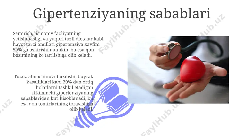 i bosh og'rig'i, ko'rishning buzilishi (ko'rishning loyqalashuvi, nuqsonlar), nafas qisilishi gipertenziv krizning tez-tez uchraydigan alomatlaridir. gipertenziya nima? gipertenziya yoki yuqori qon bosimi, 140/90 mm hg dan yuqori bo'lgan sistol va diastol qon bosimining doimiy ko'tarilishi bilan tavsiflanadigan surunkali kasallikdir. gipertenziyaning rivojlanishiga genetik moyillik, yosh, semirish, jismoniy faoliyatning etishmasligi, tuzga boy dieta va stress kabi bir qator omillar ta'sir qiladi. asoratlar 01 02 ko‘z tubining shikastlanishi, masalan, retinal arteriya va venalarining trombozi, gipertenziya asoratlarining 5-10%ida uchraydi va ko‘rish qobiliyatining pasayishiga olib keladi. sales 1st qtr 2nd qtr 100 0 sales 1st qtr 2nd qtr 100 0 oldini olish yuqori qon bosimi krizisini oldini olishda 30% ga yaqin holatlar to'g'ri va muntazam ovqatlanish orqali kamaytiriladi, shuning uchun tuz iste'molini cheklash muhim. stress va ruhiy zo'riqish qon bosimini oshirishi mumkin, shuning uchun yoga yoki meditatsiya kabi stressni boshqarish texnikalarini qo'llash 20% ga yaqin xavfni kamaytirishi mumkin. sog'lom turmush tarzi meva va sabzavotlarning kunlik …