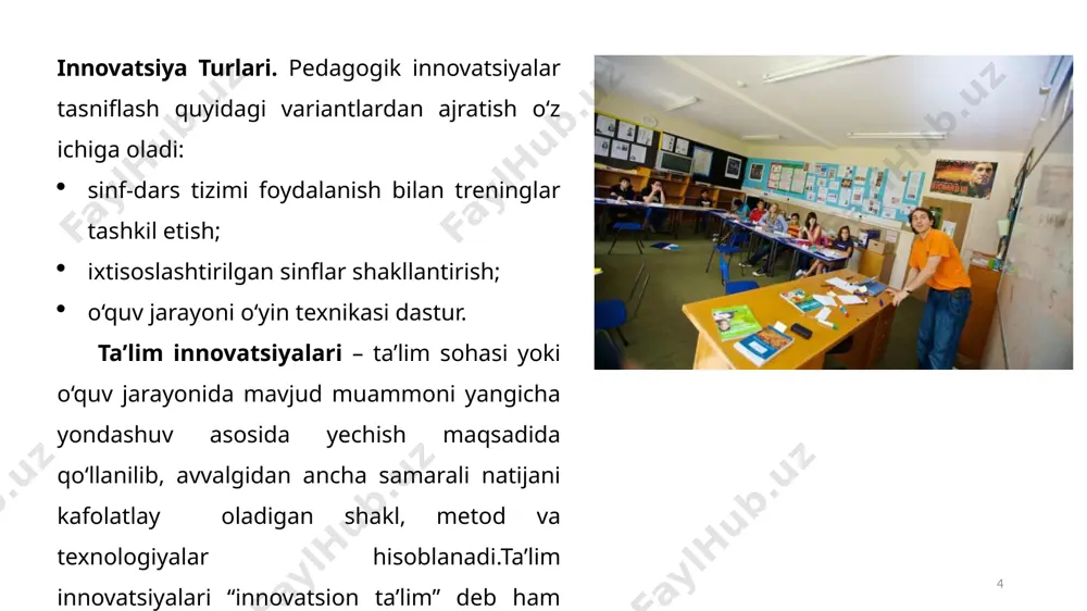 ta’limni vositachiligi bo’lgan zamonaviy global madaniy tendentsiyaning muhim tarkibiy qismi deb hisoblaymiz. o’quv maydonini virtuallashuviga oid tajribalar gumanitar fanlar bo’yicha zamonaviy tadqiqotlar natijalarini hisobga olgan holda o’tkazilishi lozim. so’nggi yillarda ijtimoiy-gumanitar fanlar sohasidagi nazariy yutuqlar kuchayib, inson xulqatvoridagi har xil ratsional va emotsional holatlar o’rganildi. maktablarda ta’lim sifatini oshirishda o‘qitishning elektron vositalaridan foydalanish 11 ta’lim jarayoni samaradorligi va sifatini oshirish maqsadida umumta’lim maktablarida matematika fanini o‘qitishda pedagogik va axborot-kommunikatsiya texnologiyalaridan samarali foydalanish muhim ahamiyat kasb etadi [1-30]. ta’lim oluvchilarning didaktik vosita sifatida axborot va kompyuter texnologiyalaridan samarali foydalanishlari, ular olayotgan ta’lim sifatini oshirishning muhim omili hisoblanadi. bu borada amalga oshirilayotgan samarali natijalardan biri elektron darslik, elektron o‘quv qo‘llanma, elektron ishlanmalarning yaratilayotganligidir. xulosa xulosa qilib aytganda, innovatsion texnologiyalardan dars jarayonida foydalanishning o'ziga xosligi shundaki, ular o'qituvchi va o'quvchilarning birgalikdagi faoliyati orqali amalga oshiriladi. o'qitish jarayoni o'qituvchi hamda o'quvchilar faoliyatini o'z ichiga oladi. o'qituvchining faoliyati o'quv materialini bayon qilish, o'quvchilarning fanga bo'lgan …