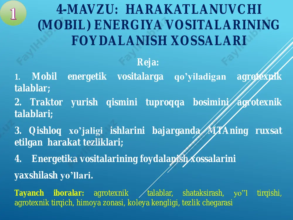 li 18% dan oshmasligi kerak. 4.2. traktor yurish qismini tuproqqa bosimini agrotexnik talablari tuproqning zichlanishiga quyidagi omillar, ya‘ni, tabiatan zichlanishga moyil tuproqlar (masalan, soz tuproq), me‘yordan oshiqcha namlik, tuproqqa doimo bir xil chuqurlikda ishlov berish, traktor va ish mashinalarining yurish qismini tuproqqa bosimi (2-rasm) kiradi. 2-rasm. traktor yurish qismini tuproqqa bosimi yurish qismini tuproqqa o’rtacha nisbiy bosimi zanjirli traktorlar uchun 45 kpa va g’ildirakli traktorlar uchun 80-110 kpa gacha bo’lishi ruxsat etiladi. 4.2. traktor yurish qismini tuproqqa bosimini agrotexnik talablari 3-rasm. traktorning yo’l va agrotexnik tirqishlari 4.2. traktor yurish qismini tuproqqa bosimini agrotexnik talablari yo’l va agrotexnik tirqishlarni agrotexnik talablari. traktor oldingi yoki ketingi ko’prigining eng pastki nuqtasidan yer yuzasigacha bo’lgan masofa yo’l tirqishi (h) va o’simlik o’sib turgan joyidagi masofa agrotexnik tirqishi (ha) bo’ladi (3-rasm). traktorning yo’l tirqishi umumiy ishlarni bajaradigan traktorlar uchun 300-400 mm, universal chopiq traktorlari uchun (orqa ko’prik osti) 400 mm dan kam bo’lmasligi kerak. traktorning …
