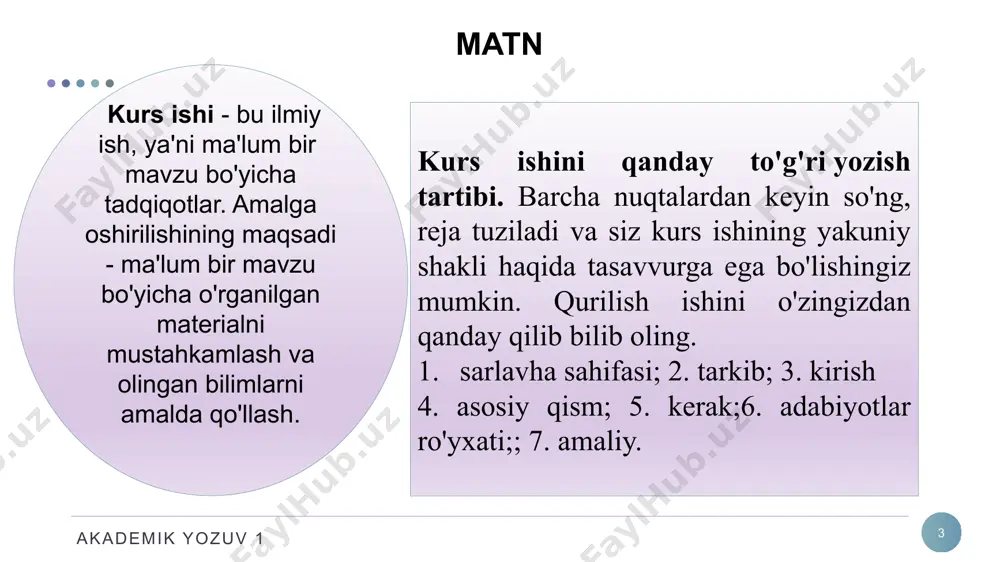 hlab raqamlanishi kerak. sahifa raqamlari yuqori o'ng burchakda; akademik yozuv 1 9 kurs ishini qanday yozish kerak: misol vazifingizni soddalashtirish uchun biz o'z maqsadingizni shakllantirish osonroq bo'lishini osonlashishi mumkin bo'lgan misollar keltirdik. 1-misol. kurs mavzusi: "internetning o'ziga xos xususiyati". keyin maqsad quyidagicha tuyulishi mumkin: "" internet "tushunchasining tavsifi va global tarmog'i tamoyillarining tahlili." 2-misol. iqtisodiyot kursining mavzusi: "iqtisodiy beqarorlik sharoitida inflyatsiya davri". shunga ko'ra, maqsad quyidagicha bo'lishi mumkin: "inflyatsiyani o'rganish va beqarorlik paytida ijtimoiy-iqtisodiy jarayon sifatida ko'rib chiqish." 3-misol. psixologiya kursi: "maktabgacha yoshdagi bolalarning psixologik rivojlanishi". maqsad shu tarzda shakllantiriladi: "maktabgacha tarbiyachilarning psixo-emotsional rivojlanishiga turli omillarning ta'sirini hisobga olish". akademik yozuv 1 10 tarjimai hol tarjimai hol biror shaxsning hayoti va faoliyatining bayonidir. u muqim shaklga ega, qisqa va to’liq bo’lishi mumkin. erkin yozilishiga qaramay muhim belgilarga ega. 1.hujjat nomi 2.matn - muallif ismi-sharifi - faxriy yorliq va unvonlari - tug’ilgan joy va sana ijtimoiy ishlarda qatnashganligi - ota-ona haqida …