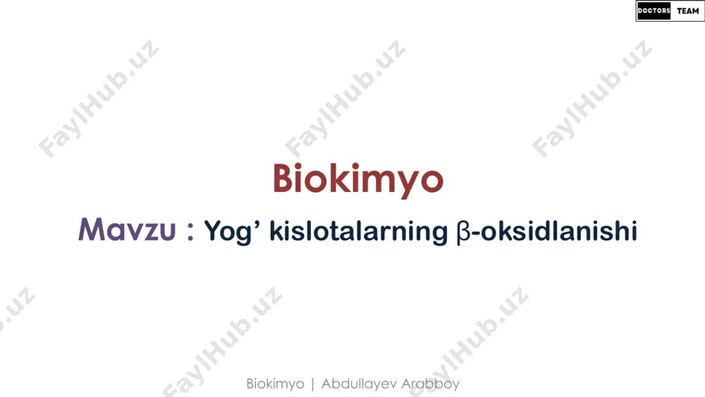 etil-coa hosil bo’lish jarayoni. bunda atsetil-coa qo’shimcha ravishda energiya manbai bo’lgan fadh2 va nadh ham sintezlanadi. β-oksidlanish bu jarayon ochlik va o’ta ochlik holatlarida kechadi. adipotsitlardagi yog’lar hsl yordamida parchalanishidan hosil bo’lgan yog’ kislotalari manbaa hisoblanadi. betta oksidlanish 4 bosqichdan iborat bo’ladi. har 4 bosqichli sikldan keyin 1 ta acetyl coa hosil bo’ladi va nadh va fadh2 lar hosil qilinadi. ochlik paytida betta oksidlanishda hosil qilingan acetyl coa krebs siklidagi acetyl coa dan ko’p ishlab chiqaradi. hosil qilingan acetyl coa ning ko’proq qismi keton tanachalari sintezi uchun sarflanadi. karnitin atsiltransferaza 1 va 2 shuningdek karnitin palmitoil transferaza 1 va 2 deb ham nomlanadi. karnitin transport tizimi uzun zanjirli yog’ kislotalarning mitoxondriya ichiga kirishida muhim ro’l o’ynaydi. toq zanjirli yog’ kislotalar oxirgi mahsulotlari tarkibida bir nechta acetyl coa va 1 molekula propionyl coa hosil qiladi. juft zanjirli yog’ kislotalar esa faqat acetyl coa hosil qiladi. to’yinmagan yog’ kislotalar trans enoyl coa …