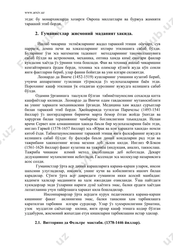 нистлар жисмоний маданият хакида. ишлаб чикариш эхтиёжларнинг жадал тараккий этиши оёкчарх, сув парраги, домна печи ва хоказоларнинг ихтиро этилишига сабаб бўлди. буларнинг ўзи эса математик тадкикот методларининг такомиллашувига сабаб бўлди ва астрономия, механика, оптика хамда кимё сингари фанлар кундалик хаётда ўз ўрнини топа бошлади. фан ва техника ишлаб чикаришни кенгайтиришга ёрдам берди, техника эса олимлар кўлига жуда кўп сонли янги фактларни бериб, улар фанни бойитди ва уни илгари силжитди. леонардо да винче (1452-1519) кушларнинг учишини кузатиб бориб, учувчи аппаратнинг тузилиши тўгрисида ўз мулохазаларини баён этди. порохнинг кашф этилиши ўк отадиган куролнинг вужудга келишига сабаб бўлди. одамни ўрганишга таалукли бўлган табииётшунослик сохасида катта кашфиётлар килинди. леонардо да винчи одам гавдасининг мутаносиблиги ва унинг харакати механикасини ўрганди. медицина хам жадал суръатлар билан тараккий этиб борди. ҳвейцарияда тугилган парачельс (1493-1541 йиллар) ўз шогирдларини биринчи марта бемор ётган жойда ўкитди ва хирургия билан терапиянинг чамбарчас богликлигини таъкидлади. испан врачи сервет кон алмашиниши хакида баъзи …