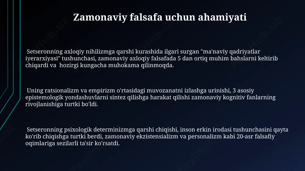 ham falsafa, mantiq va metafizika sohalarida muhim o'rinda turadi, tadqiqotchilar tomonidan chuqur o'rganiladi. setseronning merosi 3 ta asosiy falsafiy maktabga — idealizm, ratsionalizm va empirizmga — ta'sir ko'rsatgan bo'lib, ularning rivojlanishiga 20 dan ortiq muhim hissa qo'shgan. setseronning asarlari setseronning asarlari orasida 10 dan ortiq falsafiy traktatlar mavjud bo'lib, ularning aksariyati yunon va lotin tillarida yozilgan va metafizika, epistemologiya kabi sohalarni qamrab oladi. setseronning mantiqqa oid 5 ta asosiy qoidasiga asoslangan "dialektika san'ati" nomli kitobi, o'rta asr mutafakkirlariga katta ta'sir ko'rsatgan va argumentatsiya texnikasini o'rgatishda muhim manba hisoblanadi. uning "inson tabiatining mohiyati" nomli asari 3 qismdan iborat bo'lib, ong, idrok va xulq-atvor kabi muhim mavzulardan bahs etadi va psixologiya, etika bilan chambarchas bog'liq. bilimlar nazariyasi ushbu nazariyada setseron bilim manbalarini tahlil qilishda taxminan 70% tajriba va kuzatishga, 30% esa aql-idrok va mantiqiy fikrlashga tayanadi, shu bilan birga intuitiv tushunchalarni ham inobatga oladi. setseron "bilimlar nazariyasi"da bilimning 5 bosqichdan iborat taraqqiyot …