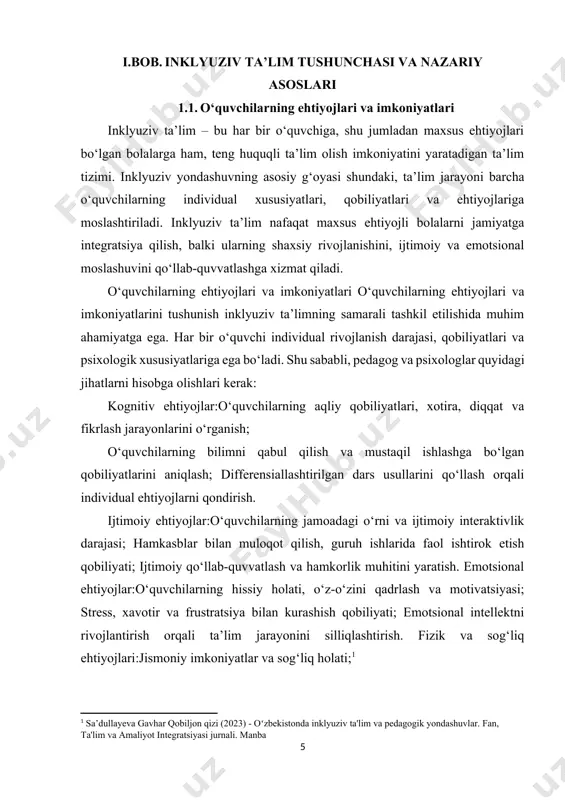 lar quyidagi yo‘nalishlarga bo‘linadi: kognitiv ehtiyojlar bilim olish va mustaqil ishlash istagi; diqqat, xotira, tafakkur va fikrlash jarayonlarini rivojlantirishga bo‘lgan ehtiyoj; murakkab muammolarni yechish, o‘quv materialini tahlil qilish va qo‘llash qobiliyati; individual qobiliyatga moslashtirilgan o‘quv vazifalarini bajarish. ijtimoiy ehtiyojlar jamoadagi o‘z o‘rnini topish va ijtimoiy muhitga moslashish; hamkasblar bilan samarali muloqot qilish, guruh ishlarida ishtirok etish; jamoadagi o‘zaro yordam va hamkorlik orqali ijtimoiy ko‘nikmalarni rivojlantirish. emotsional ehtiyojlar o‘z-o‘zini qadrlash va o‘ziga bo‘lgan ishonch; motivatsiya va o‘quv jarayoniga qiziqish; stress, xavotir va frustratsiya bilan kurashish qobiliyati; emotsional intellektni rivojlantirish va ijtimoiy-munosabatlarni boshqarish. fizik va sog‘liq bilan bog‘liq ehtiyojlar jismoniy imkoniyatlar va sog‘liq holati; maxsus ehtiyojli bolalar uchun qulay muhit (masalan, aravachali o‘quvchilar uchun inshootlar, vizual va eshitish imkoniyatlarini hisobga olish); o‘quv jarayonining individual imkoniyatlarga moslashtirilishi. o‘quvchilarning imkoniyatlari o‘quvchilarning imkoniyatlari ularning shaxsiy qobiliyatlari, o‘quvdagi yutuqlari, ijtimoiy va emotsional moslashuvi bilan belgilanadi. imkoniyatlarni aniqlash orqali pedagoglar va psixologlar quyidagilarni amalga oshiradilar: o‘quvchilarning bilim …