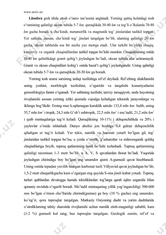 an yuvilib tushgan karbonat tuzli villyuvial qavat joylashgan bo’lib, 1,5-2 metr chuqurlikgacha kam o’zgargan eng quyida s-ona jinsli kabat yotadi. tuproq. turlari qutblardan ekvatogga hamda tekisliklardan tog’larga qarab iqlim uzgarishi bilan qonuniy ravishda o’zgarib boradi. mo’tadil mintaqaning yillik yog’ingarchiligi 500-600 mm bo’lgan o’rmon cho’llarida chirindi(gumus) ga boy (10 % gacha) eng unumdor, ko’ng’ir, qora tuproqlar tarqalgan. markaziy osiyoning dasht va yarim dashtlarida o’simliklarning tabiiy sharoitda rivojlanishi uchun namlik etish-maganligi sababli, kam (1-2 %) gumusli kul rang, buz tup​roqlar tarqalgan. geologik zamin, rel’ef va iqlimning o’zgarishiga qarab, har erning o’ziga xos tuproqlari, o’sim​lik turlari va hayvonot dunyosi rivojlanadi. insoniyatning dehqonchilik va qurilish faoliyatlari bilan shug’ullanishi natijasida tabiiy landshafti uzgar​gan xududlar maydoni yildan-yilga oshib bormokda. hozirgi vaqtda quruqlikning 10-11% i xaydab dehqonchilik qilinadigan va 2% i ҳar xil inshootlar qurib band qilingan madaniy landshaftlarga aylantirilgan. yevropada bu nisbat 30-10%ni, osiyoda 21-2%ni, avstraliyada 5-2%ni tashkil qilsa, o’zbekistonda 12,5-6,5%ni tashkil qiladi. quruqlikning 0,3%iga shaharlar …