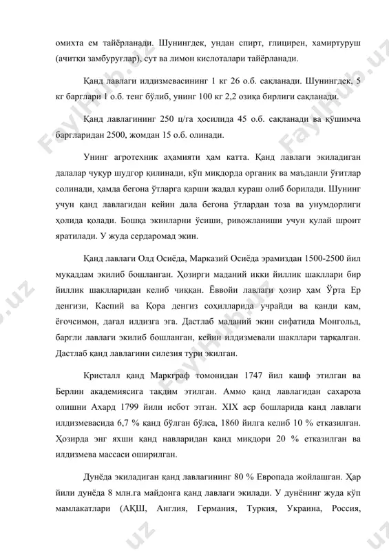 ) оиласига мансуб. лавлагининг b. v. v. q. shaccharifera қанд лавлаги, b. v. v. crassa ҳашаки лавлаги, b. v. v. cicla баргли (монгольд), b. v. v. esculenta хўраки турлари бор. ҳамма илдизмевали ўсимликлар геофитлар гуруҳига кириб, улар эпикотиль (бошча), гипокотль (бўйинча) ва хусусан илдизидан иборат, илдизмевалилар ривожланган. илдизмеваларда заҳира органик моддалар тўпланади, барг ва гул ҳосил қилувчи новдалар тупроқ юзасига яқин ер усти ёки ер ости органларида жойлашади. қанд лавлагининг илдизлари 2,5 м чуқурликка ва 40-50 см кенгликка, икки тарафга қараб тарқалади. асосий илдиз ёки илдизмева узунчоқ конуссимон шаклга эга, икки ёнидан қисилган. унда бошча (асосан барглар ҳосил бўладиган қисми), бўйинча барг ва ён илдизлар ҳосил қилмайдиган ва хусусан илдизи конуссимон қисми ҳамда унда узун қатор бўлиб жойлашган илдизлари бор. илдизмева узунлигининг 15-40 % бошча ва бўйинчага, қолган қисми хусусан илдизга тўғри келади. вояга етган ўсимлик илдизмевасининг кўндаланг кесимида марказий най толалар боғлами ёки «юлдузча»ни ва навбатлашган концентрик қатламларни ёки …