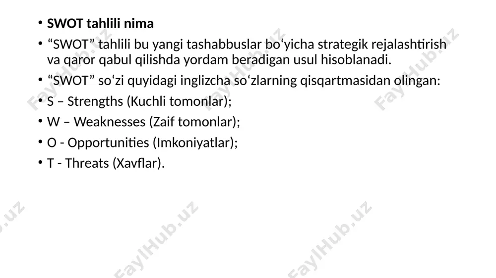 lang: swot tahlilini o'tkazish maqsadini aniqlang va tahlil doirasini aniqlang. ma'lumot to'plash: tegishli ma'lumotlarni, jumladan, tashkilotingizning kuchli va zaif tomonlari haqidagi ichki ma'lumotlarni hamda tashkilotingizga ta'sir qilishi mumkin bo'lgan imkoniyatlar va tahdidlar haqida tashqi ma'lumotlarni to'plang. kuchli va zaif tomonlarini aniqlang: tashkilotingizning ichki kuchli va zaif tomonlarini, jumladan uning resurslari, imkoniyatlari, jarayonlari va madaniyatini tahlil qiling. imkoniyatlar va tahdidlarni aniqlang: bozor, qoidalar yoki texnologiyadagi o'zgarishlar kabi potentsial imkoniyatlar va tahdidlarni aniqlash uchun tashqi muhitni tahlil qiling. prioritet: har bir toifadagi eng muhim omillarni birinchi o'ringa qo'ying va qaysi omillarni darhol hal qilish kerakligini aniqlang. strategiyalarni ishlab chiqish: swot tahliliga asoslanib, imkoniyatlardan foydalanish, tahdidlarni yumshatish uchun zaif tomonlarni bartaraf etish va tahdidlarni minimallashtirish bilan birga imkoniyatlarni maksimal darajada oshirish uchun kuchli tomonlaringizdan foydalanadigan strategiyalarni ishlab chiqing. monitoring va sozlash: strategiyalar samaradorligini kuzatib boring va zarur bo'lganda ularni tegishli va samarali bo'lishini ta'minlash uchun o'zgartiring. kuchli jihatlari shaxsiy rivojlanish kuchli tomonlar ijobiy …
