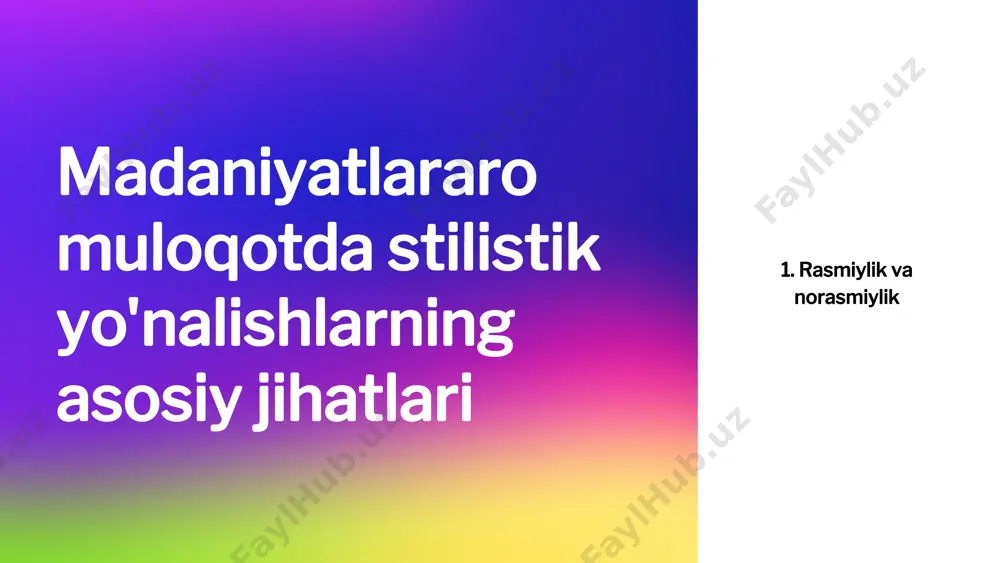 'ziga xos baholash, qaror qabul qilish va muloqotda qabul qilinadigan usullari mavjud. masalan, ba'zi madaniyatlarda qarorlar guruh tomonidan qabul qilinadi, boshqalarda esa shaxsiy erkinlik va mustaqil qarorlar afzal ko'riladi. misol: sharqiy madaniyatlarda guruh manfaatlari ko'proq qadrlanadi. misol uchun, yaponiya yoki koreyada muhim qarorlar ko'pincha guruh tomonidan kelishilgan holda qabul qilinadi. misol: g'arb madaniyatlarida, ayniqsa aqshda, individualizm va shaxsiy qaror qabul qilish muhimdir. 6. tanaffuslar va jimlik madaniyatlararo muloqotda so'zlar orasidagi tanaffuslar va jimlik ham turlicha talqin qilinadi. ba'zi madaniyatlarda jimlik yoki tanaffusni kutish hurmat sifatida qabul qilinadi, boshqalarda esa bu o'zaro muloqotdagi noaniqlik sifatida ko'rilishi mumkin. misol: yaponiya kabi madaniyatlarda, odamlar orasidagi jimlikni hurmat sifatida tushunishadi, bu esa samimiyat va o'ylab gapirishni anglatadi. misol: boshqa madaniyatlarda, masalan, aqshda yoki evropada, jimlik noaniqlik yoki befarqlik sifatida qabul qilinishi mumkin. xulosa madaniyatlararo muloqotda stilistik yo'nalishlar o'zaro tushunish va hamkorlik uchun juda muhimdir. so'zlashuvda stilistik farqlarni tushunish, turli madaniyatlar o'rtasidagi qarama-qarshiliklarni kamaytirishga yordam …