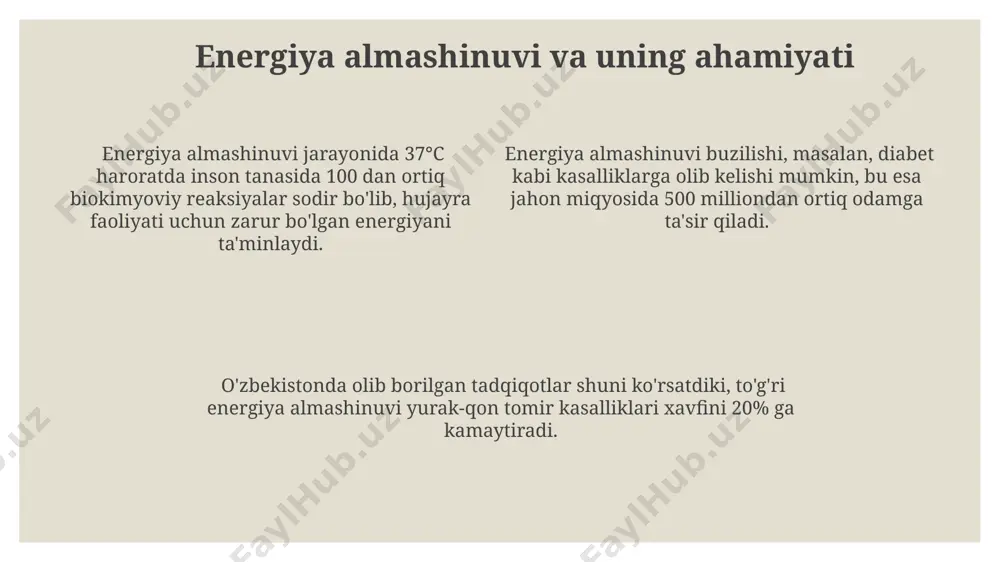 . funksional metabolizm, organizmning 70% dan ortiq energiyasini ta'minlaydigan asosiy metabolik yo'llarni o'z ichiga oladi, masalan, glikoliz va oksidlovchi fosforillanish jarayonlari butun dunyo bo'ylab 100 dan ortiq tibbiyot markazlarida o'rganilgan. plastik metabolizmning bosqichlari plastik metabolizmning birinchi bosqichi, monomerlarning (masalan, aminokislotalar, nukleotidlar) 10 dan ortiq turdagi fermentlar yordamida hujayra ichida sintezini o'z ichiga oladi, bu jarayon ko'pincha sitoplazmada sodir bo'ladi. uchinchi bosqich, polimerlarning hujayra ichidagi joylashuvi va hujayra tashqarisiga 20 dan ortiq transport oqimlari orqali ekstrasellular matriksga yoki boshqa hujayralarga ko'chishi, masalan, nerv sistemasida neuronlar o'rtasidagi sinapslarga ta'sir ko'rsatadi. ikkinchi bosqichda, polimerlar (oqsillar, nuklein kislotalar) ribosomalar yoki golji apparati kabi organellalarda 4-5 ta asosiy reaksiya orqali yig'iladi, bu jarayon energiya talab qiladi va genetik kodga bog'liq. metabolizmning buzilishiga olib keladigan omillar genetik mutatsiyalar, masalan, 1-toifa diabetga olib keladigan 600 dan ortiq gen mutatsiyalari, metabolik kasalliklarning rivojlanishiga sabab boʻlishi mumkin va bu butun dunyo boʻylab millionlab odamlarga ta'sir qiladi. atrof-muhit omillari, jumladan, …