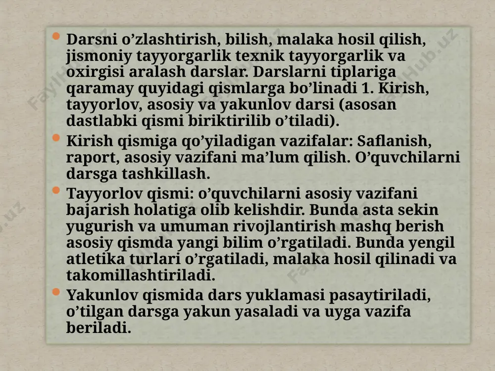 olar birinchi zvenodan topilsa va aynan yana shular natijalarning bajarilmasligiga sabab bulganligiga o’qituvchi qat’iy ishonsa, zarur choralar ko’riladi va boshqa zvenolar tekshirilmaydi. odatda o’qituvchi faoliyatining birinchi yillarida rejalashtirish texnologiyasining turli operastiyalarida yo’l qo’yilgan ko’zga tashlanib turmaydigan xatolar umumlashgan holda ishning natijasiga jiddiy ta’sir ko’rsatadi. shuning uchun yosh o’qituvchilar o’zining barcha faoliyatini doimiy tahlil qilishlari. o”zlari uchun talabchan qozi bo’lishlari kerak. bu kelajakda muvaffakiyat garovidir. rejalashtirish yakuniy hisobga olish bilan tugallanadi. hisobga olish natijasida olingan ma’lumotlar kelgusi stikl (darslar seriyasi, o’quv choragi, o’quv yili)ni rejalashtirish uchun asos qilib olinadi. mashgulotlarining tuzulishi mashg’ulotning tuzilishi, shakllari va mazmuni. hamma yengil atletikachilar uchun mashg’ulot protsessining asosiy tashkiliy shakli gruppa bo’lib, individual 2 soat yoki undan ko’proq davom etadigan trenirovka mashg’uloti o’tkazishdir. ozroq davom etadigan mashg’ulotlar bo’lishi ham mumkin. asosiy mashg’ulotlarni har kuni ko’p kuch ketmaydigan ertalabki trenirovka mashg’ulotlarini to’ldiruvchi uy vazifalarini esa kunning boshqa vaqtida bajarish mumkin. mashg’ulotlarning hamma shakllarida quyidagi asosiy qoidalarga rioya …