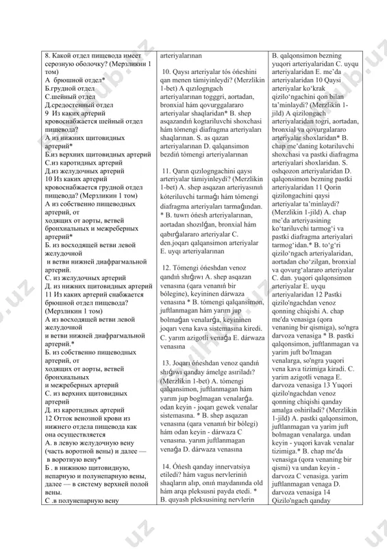 divertikulini xirurgiya aralasıwına kórsetpeler (savelyev t2 2014, 49 -bet) salmaqli klinikalıq kórinis, divertikulitning bar ekenligi* b. divertikulning kishi ólshemi, tásirlenbegen divertikul hám operatsiyaǵa qarsı kórsetpeler bar ekenligi. c. kishi divertikul ólshemi, tásirlenbegen divertikul hám operatsiyalarǵa qarsı kórsetpeler d. kishi divertikul ólshemi, quramalı divertikul hám operatsiyalarǵa qarsı kórsetpeler (saveliev t2 2014 50-bet) divertikul invaginatsiyasi* b. divertikulektomiya c. óńeshning ekstirpatsiyasi d. divertikul rezektsiyasi 90. tásir hám divertikul ólshemi 3 sm hám odan artıq bolǵan jaǵdaylarda qanday xirurgiya usılı qollanıladı? (saveliev t2 2014 50-bet) a. divertikulektomiya* b. divertikul invaginatsiyasi c. qızılogngachning ekstirpatsiyasi d. divertikulning rezektsiyasi 91 50% jaǵdaylarda qızılogngachning ogrta úshten bir bóleginde b. 70% ga jaqın jaǵdaylarda tómengi úshten bir bóleginde. óńesh c. shama menen 70% jaǵdaylarda óńeshning arqa diywalında 92 tómendegi klinika larning qay-qaysısı óńeshdagi biygana denege tiyisli? (saveliev 2014, 56 -bet) gipersalivatsiya* b. holsizlik, holsizlik c. ish qatıwı, bas aylanıwı d. regurgitatsiya 93. óńeshning biygana denesin tezlik penen alıp taslamasa …