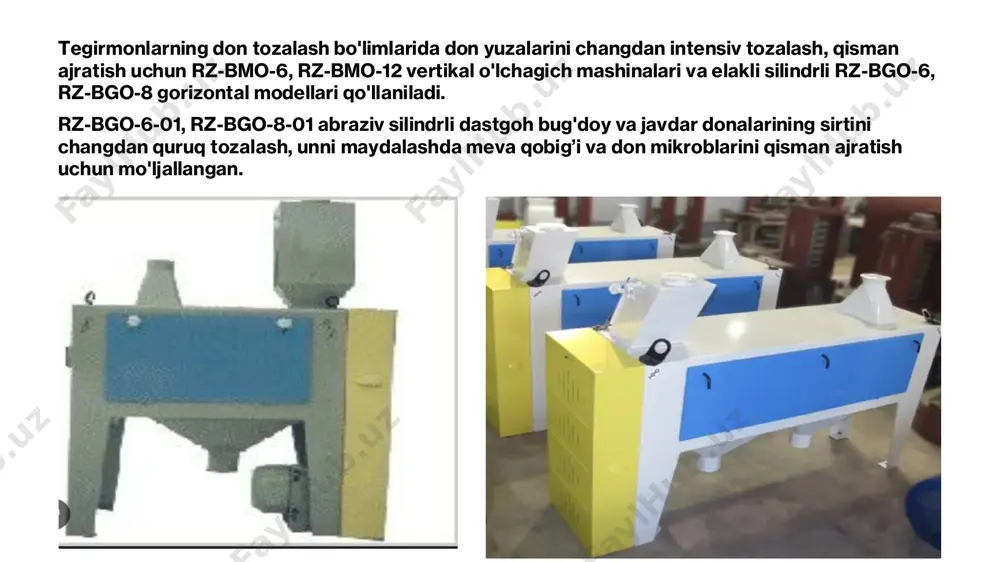 da samarali. 3.tebranish (vibratsiya): mashina ichida urug'lar va iflosliklar titraydi, bu orqali ular ajratiladi. tebranish mexanizmi urug'larni bir-biridan ajratishda va ularni tozalashda qo'llaniladi. 4.o'zaro saralash: urug'lar bir-biridan o'lcham va massasi bo'yicha ajratilib, ularni yuqori sifatli urug'lar sifatida saralash imkonini beradi. bgo-6 mashinasida ushbu usullarni birlashtirish orqali yuqori samarali tozalash amalga oshiriladi, bu esa urug'larning sifatini yaxshilashga yordam beradi. tozalash jarayoni natijasida faqat toza va yuqori sifatli urug'lar qoladi, bu esa keyingi ekish jarayonini yaxshilaydi. bgo-6 urug' tozalash mashinasi bir nechta asosiy tarkibiy qismlardan tashkil topgan bo'lib, ularning har biri urug'larni samarali tarzda tozalash va saralash uchun muhim rol o'ynaydi. mashina quyidagi asosiy qismlardan iborat: 1.tashqi korpus (ramka): mashinaning barcha mexanik qismlarini birlashtirib, ularning to'g'ri ishlashini ta'minlaydigan asosiy strukturaviy qism. u mashinaning barcha qismlarini himoya qilish va ularga mustahkamlik berish uchun xizmat qiladi. 2.skrining tizimi (ekranlar): urug'larni o'lchamiga qarab saralash uchun ekranlar yoki tarmoqlar (tovonlar) mavjud. bu tizim turli o'lchamdagi teshiklardan …