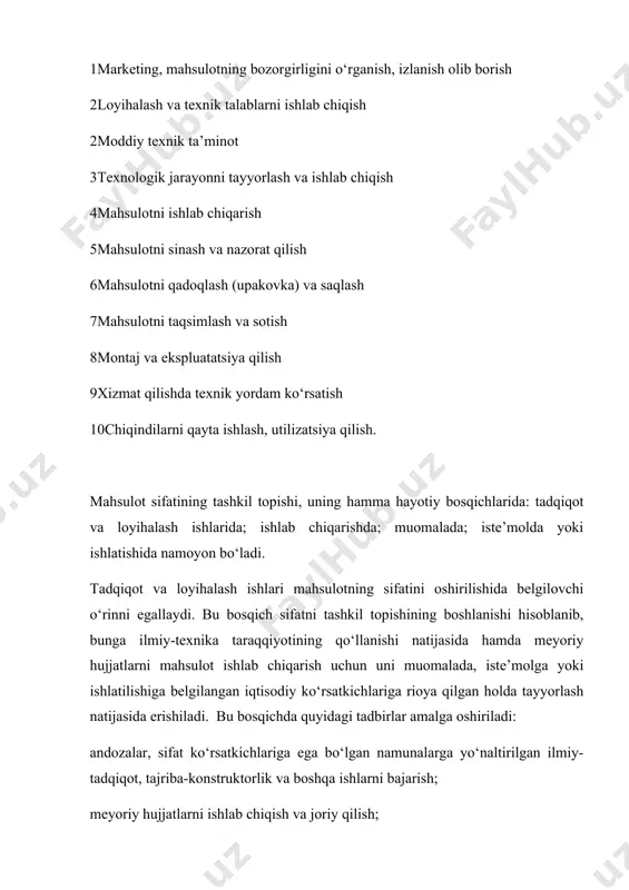 agi axborotni yig‘ish va to‘plash, uning yaroqsizligini, u haqidagi shikoyatlarni hisobga olish va tahlil qilish; xom ashyo, materiallar, yarimfabrikatlar, komplektlanuvchi buyumlarni va tayyor mahsulotni omborlarda, korxona ichidagi transportlarda meyoriy hujjatlarning talablariga binoan olib yurilishini ta’minlash va nazorat qilish; belgilangan sifat darajasidagi mahsulotni chiqazishda korxonaning xodimlarini moddiy va ma’naviy rag‘batlantirish. ishlab chiqarish birlashmalarida, korxonalarda ishlab chiqarish bosqichida qo‘yilgan maqsadlarga va vazifalarga erishishda mahsulot sifatini boshqarish tizimlari ta’minlaydi. 2. mahsulot haqidagi ma’lumotlarni standartlashtirish va kodlash ba’zan biror mahsulot xarid qilganimizda uning ko‘rinarli joyida yoki etiketkasida har xil qalinlikdagi chiziqlar va raqamlar bilan belgilangan shakllarni ko‘rishimiz mumkin. ularga shtrix-kod nomi berilgan. xo‘sh, shtrix-kodlar nima va qachon paydo bo‘lgan? shtrix-kodlardan mahsulotlarga nisbatan tadbiq etish g‘oyasi ilk bora 30-yillarda aqsh ning garvard biznes maktabida yaratilgan bo‘lib, undan amalda foydalanish bir necha o‘n yillardan so‘nggina, ya’ni, 60-yillardan boshlangan. shtrix-kodlarni dastlabki qo‘llovchilar temir yo‘lchilar bo‘lib, shu usul orqali temir yo‘l vagonlarini identifikatsiyalashtirilgan. mikroprotsessor texnikasining gurkirab rivojlanishi 70-yillardan …