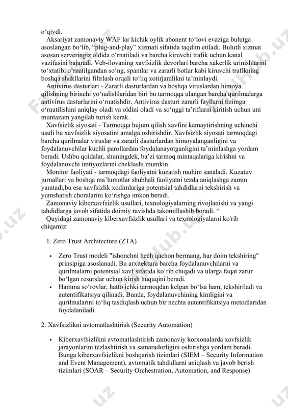 iladigan zararlangan kompyuterlar tarmoqlaridir. botnetlar minglab yoki hatto millionlab buzilgan qurilmalardan iborat bo‘lishi mumkin, bu ularni ddos hujumlarini amalga oshirish uchun kuchli vositaga aylantiradi. sql injection attacks (sql in’ektsiya hujumlari): tajovuzkorlarga veb-ilovalar ma’lumotlar bazasiga qarshi zararli sql bayonotlarini bajarishga imkon beruvchi veb-ilovalar xavfsizligi zaifligining bir turi. bu kiberjinoyatchilarga ma’lumotlar bazasida saqlangan ma’lumotlarni ko‘rish, o‘zgartirish yoki o‘chirish imkonini beradi. cross-site scripting (xss) attacks (saytlararo skript hujumlari): kibertahdidning bir turi bo‘lib, attackerlar boshqa foydalanuvchilar tomonidan ko‘riladigan veb-sahifaga zararli kodni kiritishlari orqali hujum uyushtiradilar. bu kiberjinoyatchilarga boshqa foydalanuvchilardan login hisob maʼlumotlari yoki seans cookie-fayllari kabi maxfiy maʼlumotlarni oʻgʻirlash imkonini beradi. xss hujumlari ko‘pincha veb-ilova tomonidan to‘g‘ri tozalanmagan qidiruv maydonchalari yoki sharhlar bo‘limlari kabi kirish maydonlariga zararli kodni kiritish orqali amalga oshiriladi. foydalanuvchi sahifani ko‘rganida, zararli kod o‘z brauzerida bajariladi, bu attackerga o‘z sessiyasiga kirish va uni boshqarish imkonini beradi. quyida kiber tahdidlarni chetlab o‘tish va veb-saytni himoya qilishning amaliy usullari keltirilgan: veb ilovalar …