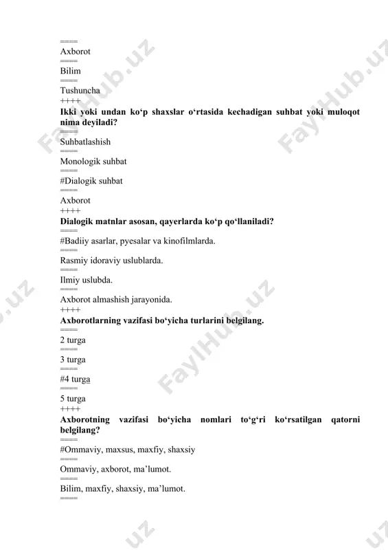g qisqa va lo‘nda ifodasi nima deyiladi? ==== maqola ==== konspekt ==== #tezis ==== taqriz ++++ konspekt nechta turga bo‘linadi? ==== 4 turga ==== 2 turga ==== #6 turga ==== turlari mavjud emas ++++ aniqlik, qisqalik, ifodalilik, mantiqiylik, maqsadga yo‘naltirilganlik nimaning asosiy bosqichlari? ==== #rejaning ==== matnning ==== konspektning ==== referatning ++++ nutq uslublari orasida eng qadimiysini aniqlang. ==== ilmiy uslub ==== rasmiy-idoraviy uslub ==== #so‘zlashuv uslubi ==== badiiy uslub ++++ so‘zlashuv uslubi o‘z ichida necha turga bo‘linadi va nomi to‘g‘ri ko‘rsatilgan qatorni aniqlang. ==== #ikki turga, adabiy soʻzlashuv, oddiy so‘zlashuv ==== ikki turga, badiiy so‘zlashuv, oddiy so‘zlashuv ==== uch turga, badiiy so‘zlashuv, oddiy so‘zlashuv, adabiy soʻzlashuv ==== badiiy so‘zlashuv turi mavjud ++++ rejaning turlari to‘g‘ri berilgan qatorni belgilang. ==== #aniqlik, qisqalik, ifodalilik, mantiqiylik va maqsadga yo‘naltirilganlik. ==== qisqalik, maqsadga yo‘naltirilganlik va mantiqiylik ==== ifodalilik, aniqlik va mantiqiylik. ==== aniqlik va qisqalik ++++ reja ustida ishlashning ketma-ketligi nechta? ==== 3 …