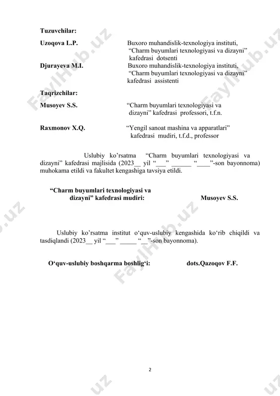 nalarining assortimentini o’rganish. 8- laboratoriya mashg‘uloti tikuv mashinasi ignasining konstruksiyasini o’rganish. «22249-76 gost» bo’yicha tikuv ignalarining turi, nomeri va belgilarini aniqlash. 9- laboratoriya mashg‘uloti iplar buramining yo’nalishini tanlash. tikish chok uzunligini o’lchashni aniqlash. 10- laboratoriya mashg‘uloti buramdagi iplar uchun ipli birikma mustahkamligini aniqlash. chokni muqobil uzunligini aniqlash. 11- laboratoriya mashg‘uloti turli uzunlikdagi baxyalarda ipli birikma pishiqligini aniqlash.taglikni mix bilan biriktirishni samarali texnologik ko’rsatkichlarini o’rganish. 12- laboratoriya mashg‘uloti taglik uchun mixlarni sinflanishini o’rganish. mixni muqobil qadamini aniqlash. mixli biriktirish pishiqligini aniqlash. 13-laboratoriya mashg‘uloti poshnani biriktirishning samarali texnologik parametrlarini aniqlash. turli poshnalarni mix bilan biriktirish. 14-laboratoriya mashg‘uloti poshnalarni biriktirish uchun ishlatiladigan mixlarni aniqlash. 15-laboratoriya mashg‘uloti taglikni ustki qism bilan vint orqali biriktirish mustahkamligiga ta’sir etuvchi omillarni aniqlash. 16-laboratoriya mashg‘uloti charmni fizik-mexanik xususiyatlarini o’zgarishiga namlik parametrlarining ta’sirini o’rganish. bo’ktirish bilan poyabzal taglik detallarini namlashni maqsadga muvofiq parametrlarini aniqlash. 17-laboratoriya mashg‘uloti namni yutish kinetikasi va turli namlash usullarini samaradorligini o’rganish. namuna namligini egri kinetikasini …