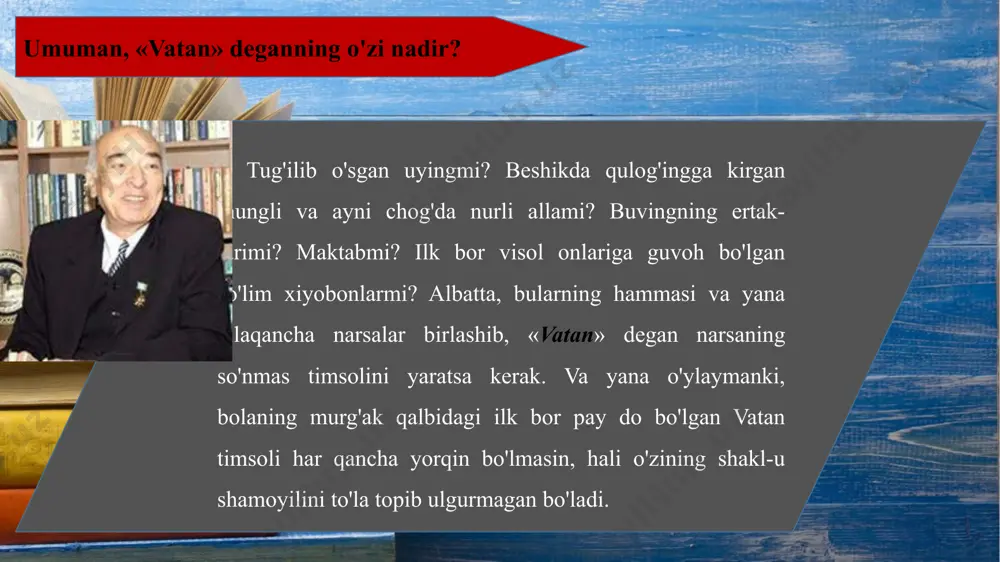 'i, har qanday maqtanchoqlikdan, sun'iylikdan, pisandadan holi bo'lmog'i kerak. shu o'rinda, bir shoirning vatan sevgisi haqidagi atigi to'rt misrada aytgan bir gapi esimga tushib ketdi: vatan uchun kimlar, nimalar qilmagan? birovlar, vatan deb jon fido qilgan, birovlar vatan deb gap sotgan... vatanni sevish va ayniqsa, bu sevgini amalda namoyon qilish unchalik oson ish emas. bu odamdan juda katta jasoratni, bardoshni, chidamni talab qiladi. qizig'i shun-daki, vatan o'z farzandlaridan har oyda, har haftada, har soat, har soniyada jon fido qilishni talab qilmaydi. vatan yo'lida sodir bo'ladigan bunday fidokorlik eng yuksak, eng oliy fidokorlik bo'lib, u favqulodda hollarda ro'y be-radi. lekin vatan sevgisi odamdan bir qarashda mahobatli ko'rinmaydigan, insonning oddiy faoliyatidan kam farq qiladigan, aslida esa, juda mashaqqatli mehnatdan iborat bo'lgan kundalik jasoratni talab qiladi... sezib turibman — shu o'rinda bir tabiiy savol tug'ilishi mumkin — maqolada vatan sevgisi og'izda emas, amalda, ishda namoyon bo'lmog'i kerak, degan gap ko'p aytilyap-ti. yaxshi, lekin …