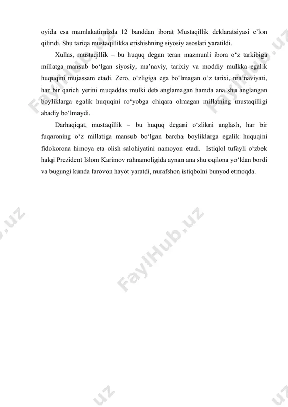ild. –t.: “o‘zbekiston”, 1999. 9. karimov i.a. ozod va obod vatan, erkin va farovon hayot – pirovard maqsadimiz. 8-jild. –t.: “o‘zbekiston”, 2000. 10. karimov i.a. vatan ravnaqi uchun har birimiz mas’ulmiz. 9-jild. –t.: “o‘zbekiston”, 2001.karimov i.a. xavfsizlik va tinchlik uchun kurashmoq kerak. 10-jild. –t.: “o‘zbekiston”, 2002 page