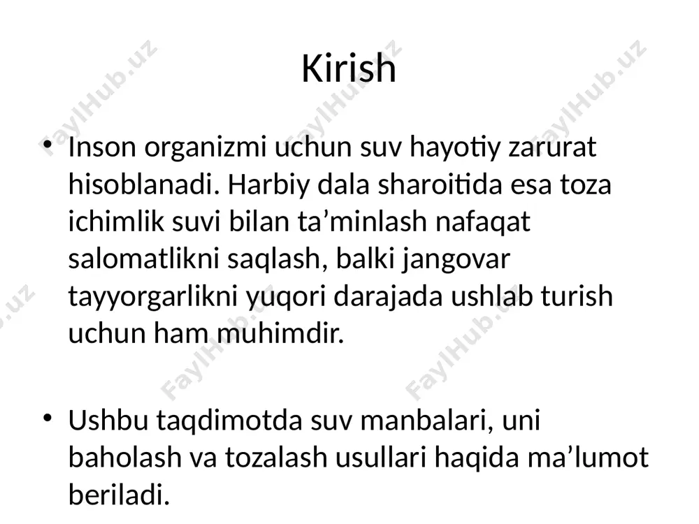 i • suv maxsus idishlarda tashiladi va saqlanadi • harbiylar uchun individual idishlar (flakonlar) ajratiladi • suv har doim nazorat ostida bo‘lishi kerak amaliy tavsiyalar va profilaktika • tabiiy manbalardan olingan suv doimo dezinfeksiya qilinishi kerak • harbiylar shaxsiy gigiyenaga amal qilishi lozim • suv manbalarini ifloslanishdan himoyalash muhim • ich ketish, zaxarlanish kabi kasalliklarning oldini olish xulosa va savollar xulosa: • suv sifati — harbiy salomatlik kafolati • harbiy sharoitda suv ta’minoti ilmiy asosda tashkil etilishi zarur • tozalash va baholash vositalari doimiy foydalanishga tayyor bo‘lishi kerak savollar uchun rahmat! /docprops/thumbnail.jpeg