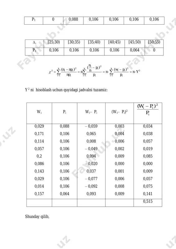 7;4,8) 4,8;4,9) 4,9 nj 1 2 3 4 5 6 7 8 9 x belgining taqsimot funksiyasi normal taqsimotga muvofiq yoki muvofiq emasligi 0,05 aniqlik daraja bilan pirsonning muvofiqlik kriteriysi yordamida aniqlang. 2. x belgili bosh to‘plamidan olingan tanlanmaning statistik taqsimoti berilgan. i [0;10) [10;20) [20;30) [30;40 [40;50) [50;60) nj 11 14 15 10 14 16 x belgining taqsimot funksiyasi tekis taqsimotga muvofiq emasligini 0,05 aniqlilik darajasi bilan pirsonning muvofiqlik kriteriysi yordamida aniqlang. 3. pirson kriteriysidan foydalanib 0,05 qiymatdorlik darajasida x bosh to‘plamning normal taqsimlanganligi haqidagi gipotezaning n=200 hajmli tanlanmaning ushbu taqsimoti bilan muvofiq kelish-kelmasligini tekshiring. xj 0,3 0,5 0,7 0,9 1,1 1,3 1,5 1,7 1,9 2,1 2,3 nj 6 9 26 25 30 26 21 24 20 8 5 4. pirson kriteriysidan foydalanib 0,01 qiymatdorlik darajasida ni empirik va ' in nazariy chastotalar orasidagi farq tasodifiy yoki muhimligini aniqlang. nazariy chastotalar x bosh to‘plamning normal taqsimlanganligi haqidagi gipotezaga asoslanib …