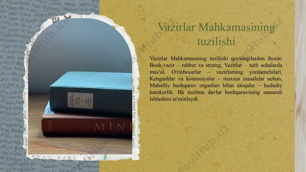 chiliklari aniqlanadi. monitoring natijalari asosida takliflar ishlab chiqiladi, bu esa qonunlar va qarorlarning yanada samarali amalga oshirilishini ta'minlash imkonini beradi. vazirlar mahkamasining faoliyatini tahlil qilish vazirlar mahkamasi mamlakat iqtisodiy va ijtimoiy rivojlanishining asosiy mexanizmi bo'lib, davlat siyosatini amalga oshirish va qonunlarni hayotga tadbiq etishda muhim rol o'ynaydi. masalan, iqtisodiy islohotlar va ijtimoiy dasturlarni amalga oshirishda muhim qarorlar qabul qiladi. amaliy misol sifatida, 2023-yilda energetika sohasida qabul qilingan strategik qarorlar vazirlar mahkamasining faoliyatining samaradorligini ko'rsatadi. ular ichki va tashqi siyosatni muvofiqlashtirish, rivojlanish strategiyalarini ishlab chiqish va nazorat qilishda muhim ahamiyatga ega. shuningdek, vazirlar mahkamasining faoliyati davlat xizmatchilarining malakasini oshirish, moliyaviy nazorat va monitoring tizimlarini takomillashtirish orqali amalga oshiriladi. bu esa, davlat resurslarining samarali foydalanilishini ta'minlaydi va ijtimoiy manfaatlarni himoya qilishga xizmat qiladi. amaliy misol: ijtimoiy masalalar vazirlar mahkamasi ijtimoiy masalalarni hal qilishda muhim rol o'ynaydi. 2022 yilda qabul qilingan 'yoshlar muammolarini hal qilish dasturi' yoshlar bandligini oshirish va ta'lim sifatini yaxshilashga …
