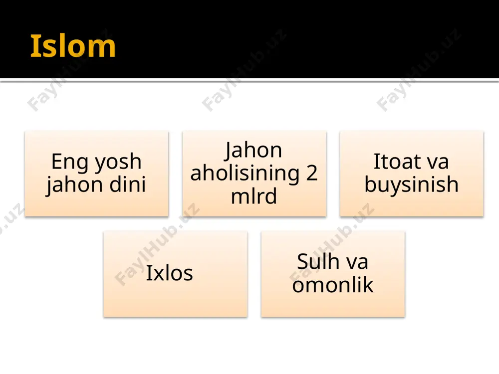 rida tinchliksevarlik va boshqa din vakillariga nisbatan bagʻrikenglik da'vat etilgan. 1 musulmonlarning eng afzali qoʻli va tilidan boshqalar ozor topmaganidir.(hadisdan) 2 alloh taolo qoningiz, molingiz va or-nomusingizni bir-biringiz uchun ana shu muqaddas shahringiz, tabarruk oyingiz va ulugʻ ayyomingiz kabi muqaddas qildi.(vidolashuv haji) 3 alloh bergan rizqdan eb-ichinglar, er yuzida buzgʻunchilik qilmanglar.(baqara 60) 4 allloh buzgʻunchi kimsalarning ishini oʻnglamaydi .(yunus 81). dinda zoʻrlash yoʻq .(baqara 256). islom ruknlari iymon namoz zakot ro’za haj xajar al-asvad (qora tosh) kaba aqida (arab. ishonch) shak keltirmasdan, muhokama qilmasdan bajarish, e'tiqod qilish lozim boʻlgan qoida va talablar muayyan ishonch va e'tiqod asosida shakllanadi . kishilar hayoti va turmushining barqaror hodisasi ularning ma'naviyati, ta'lim-tarbiyasi va xulq-atvoriga ta'siri kalom ilmi alloh va uning sifatlari insonlarning taqdiri qiyomat, jannat va doʻzax gunoh va savob aqidaviy masalalarni oʻrganuvchi kalom (arab. nutq, jumla, gap, soʻz) imom ash'ariy (873-935) va imom moturidiy (870-944) amalga oshiradilar islomda muayyan mantiqiy dalillarga tayanib, diniy …