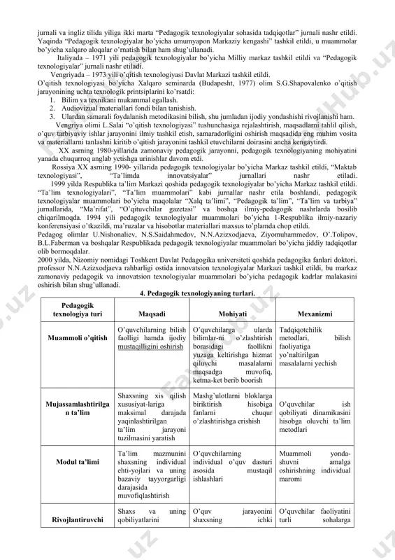ifodalaydi va "o’qituvchi - pedagogik jarayon o’quvchi (talaba)" funksional tizim qonuniyatlariga tegishli bilimlar asosida quriladi. alohida qayt etib o’tish joizki, ayni vaqtda ta’lim texnologiyasi tushunchasini mantiqiy-g’oyaviy jihatdan izohlash borasida yagona fikr mavjud emas. pedagogik adabiyotlarda 300 dan ortiq ta’riflar berilgan. yuqorida qayd etilganidek, pedagogik texnologiya nazariyasi o’tgan asrning ikkinchi yarmidan boshlab asoslanib kelinayotgan bo’lsa-da, aynan “pedagogik texnologiya” tushunchasiga nisbatan turlicha yondashuvlar mavjud. xususan pedagog olim v.p.bespalko pedagogik texnologiyani “amaliyotga tatbiq qilinadigan muayyan pedagogik tizim loyihasi” deya ta’riflaydi hamda asosiy diqqatni o’quv-pedagogik jarayonni oldindan loyihalashga qaratadi. n.f.talzina esa pedagogik texnologiyaning “fan va amaliyot oralig’ida muayyan tamoyillarni olg’a suruvchi metodlar ishlab chiqaruvchi, ularni izchil qo’llash kabi masalalarni hal etishga yo’naltirilgan mustaqil fan” bo’lishi lozimligini qayd etadi va hokazo. 2.pedagogik texnologiyasiga ilmiy-nazariy yondashuvlar. pedagogik texnologiyaning rivojlanish bosqichlari. hozirgi ta’lim-tarbiya sohasida keng rivojlanib borayotgan yo’nalishlardan biri zamonaviy pedagogik texnologiyalarni qo’llashdan iborat. ma’lumki, ta’lim-tarbiya jarayoni katta avlod tomonidan o’z bilim va tajribalarini o’sib kelayotgan avlodga …