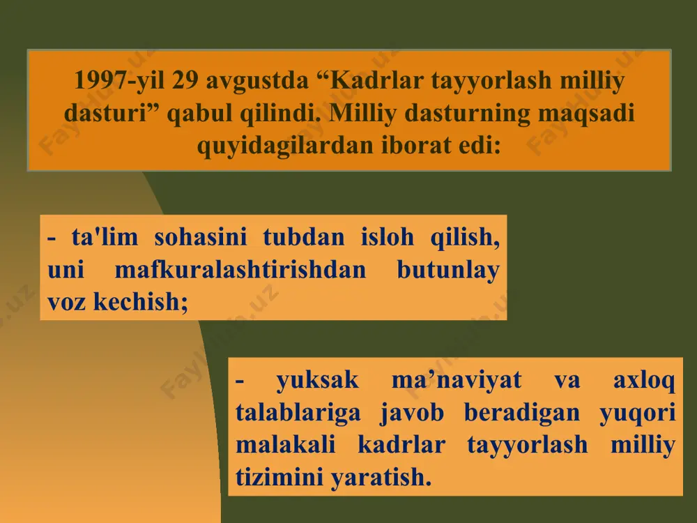 ng majburiyligi; - ta'lim tizimining dunyoviy xususiyatga ega ekanligi; - davlat ta'lim standartlari va davlat ta'lim talablari doirasida ta'lim olishning hamma uchun ochiqligi; - ta'lim dasturlarini tanlashga yagona va tabaqalashtirilgan yondashuv; - bilimli bo‘lishni va iste'dodni rag‘batlantirish; - insonning butun hayoti davomida ta'lim olishi; - jamiyatda pedagog xodimlar ijtimoiy himoyasining kafolatlanganligi; ta'lim tizimida davlat va jamoat boshqaruvini uyg‘unlashtirish. davlat jinsi, irqi, millati, tili, dini, ijtimoiy kelib chiqishi, e'tiqodi, shaxsi, ijtimoiy mavqeidan qat'iy nazar, har kimga ta'lim olishda teng huquqlarni kafolatlaydi. o‘zbekiston respublikasida ta'lim quyidagi turlarda amalga oshiriladi: maktabgacha ta'lim va tarbiya; umumiy o‘rta va o‘rta maxsus ta'lim; oliy ta'lim; kasbiy ta'lim; maktabdan tashqari ta'lim. kadrlar malakasini oshirish va ularni qayta tayyorlash; oliy ta'limdan keyingi ta'lim; ta'lim sohasidagi asosiy tamoyillar: ta'limning ustuvorligini tan olish; ta'lim shaklini tanlash erkinligi; ta'lim sohasida kamsitishlarga yo'l qo'yilmasligi; ta'lim olish uchun teng imkoniyatlarni ta'minlash; ta'lim va tarbiyaga milliy va umuminsoniy qadriyatlarni joriy etish; ta'lim va tarbiyaning …
