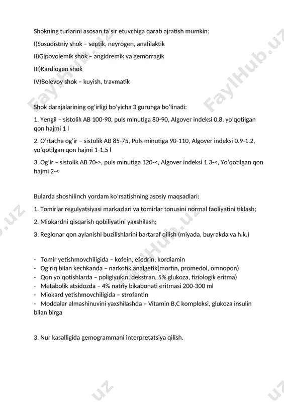 asi markazlari va tomirlar tonusini normal faoliyatini tiklash; 2. miokardni qisqarish qobiliyatini yaxshilash; 3. regionar qon aylanishi buzilishlarini bartaraf qilish (miyada, buyrakda va h.k.) · tomir yetishmovchiligida – kofein, efedrin, kordiamin · og’riq bilan kechkanda – narkotik analgetik(morfin, promedol, omnopon) · qon yo’qotishlarda – poliglyukin, dekstran, 5% glukoza, fiziologik eritma) · metabolik atsidozda – 4% natriy bikabonati eritmasi 200-300 ml · miokard yetishmovchiligida – strofantin · moddalar almashinuvini yaxshilashda – vitamin b,c kompleksi, glukoza insulin bilan birga 3. nur kasalligida gemogrammani interpretatsiya qilish. 2 – bilet 1. tibbiy yordam turlari va hajmi. tibbiy yordam turlari 1. birinchi tibbiy yordam 2. shifokorgacha bo'lgan yordam 3. birinchi vrachlik yordami 4. kvalifikatsiyalangan yordam 5. ixtisoslashtirilgan yordam 1.birinchi tibbiy yordam(urush maydonida) -o'z-o'ziga; -o'zaro(immobilizatsiya, bog'lam va jgut, og'riqni qoldirish) 2.vrachgacha bo'lgan yordam: -immobilizatsiyani yaxshilash; -bog'lam va jgutni nazorat qilish; -og'riqni qoldiruvchi dorilar yuboriladi; 3.birinchi shifokor yordami: -tashqi qon ketishni to'xtatish; -transport immobilizatsiyai yaxshilash; -traxeostomiya; -plevral …