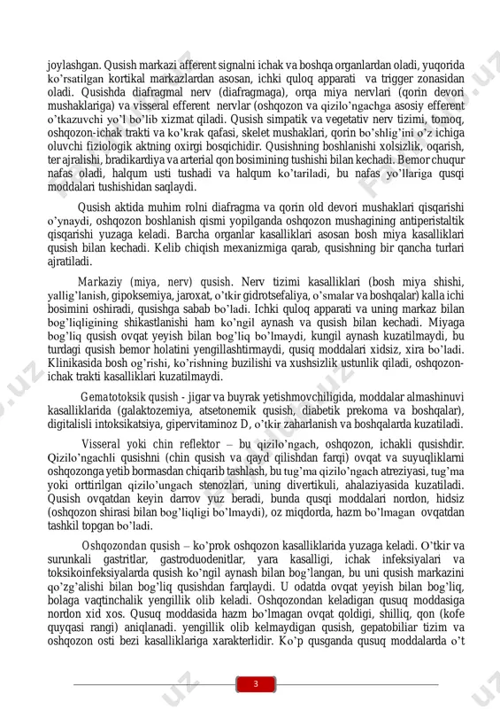 xursand bo’ladilar, bu holatni sog’lomlik belgisi deb baxolaydilar, bundan tashqari oilada hamma ko’p ovqat yeyishi va semizlikni hisobga olish zarur. bolalarda ishtahaning yuqori bo’lishi qandli diabetda, surunkali pankreatitda, tireotoksikozda kuzatiladi. bulimiya massiv kortikosteroidli terapiya natijasida ham bo’ladi. miya o’zagi yallig’lanishi, ensefalit qoldiqlari bulimiyaga olib kelishi mumkin, u aqliy zaiflik va ba’zida kandsiz diabet bilan bog’langan. gijjalar, asosan tasmali gijjalar bilan zararlanish ham ishtahani yuqori bo’lishi bilan xarakterlanadi. bulimiya rivojlanishi oila ichidagi munosabatlar buzilishiga - ona va bola o’rtasida majoraga olib keladi, bola o’zini tashlangandek his qiladi, bunda bola uni erkalashlaridan ko’ra ovqatlanishdan ijobiy emotsiya oladi. aynigan ishtaha2 (paraorexis) – yeyish mumkin bo’lmagan, ist’emol qilinmaydigan maxsulotlarni ist’emol qilish, bular yer, shtukaturka, qog’oz, ko’mir va boshqalar. bu xolatlar debil (aqliy zaiflik), tashlangan bola va nevropatiyada kuzatiladi. ta’mning buzilishi temir yetishmovchilik holatlarida ham kuzatiladi. ko’ngil aynash - yoqimsiz, og’riqli sub’ektiv sezgi bo’lib, qayd qilishga olib keladi yoki qayd qilishdan keyin kuzatiladi. ko’ngil aynashi …