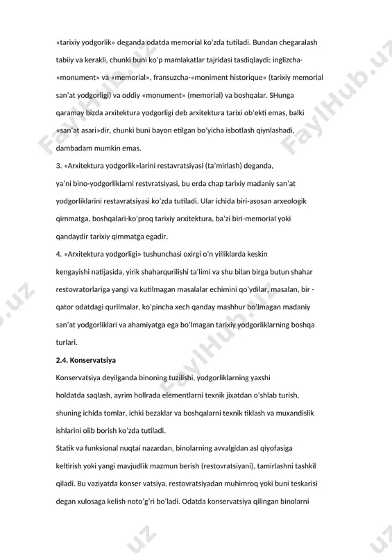 hga qaraganda, bu erda qiyinroq bo’ladi. suv o’tkazmaydigan mumlardan foydalanib sovuq keltiradigan ofatlarni oldini olish mumkin. uzoq mudatli va kuchli sovuq ta’sirida, muzga aylanishi mumkin bo’lgan namlikni ushlab qoladigan silikonlar har doim yaxshi effekt bermagan joyda, suvda eritilgan, mikrokristall mahsulotlar ishlatilsa ijobiy natijalar beradi. 2.3. restavratsiya usullari har qanday ta’mirlashdan ko’zda tutiladigan umumiy maqsad me’morchilik asarining madaniy-tarixiy rolini hamda ahamiyatini aniqlash va tasdiqlash, shuningdek, ularni badiiy qadriyatlarini ro’yobga chiqarishdan iboratdir. zamonaviy nazariy konsepsiyaga asosan “restavratsiya“ atamasi quyidailarga javob beradi. restavratsiya, bu arxitektura yodgorliklarini tarixiy, hamda ma’lum chegarada badiiy ahamiyatini tiklashdan iboratdir, ya’ni har qanday restavratsiyaning maqsadi, bino-yodgorliklarni madaniy-tarixiy roli va ahamiyatini tiklash, hamda bir vaqtda konstruksiya qismlari va elementlarini mustahkamlagan holda uni badiiy qimmatini aniqlashdir. masalan aniq javob berish uchun quyidagi tushunchani tesdiqlash kerak: “arxitektura yodgorliklarning tarixiy qimmati”, “badiiy qimmati”, hamda asosiy tushuncha – “arxitektura yodgorligi”. arxitektura yodgorliklarining ijtimoiy qimmati, dastlab va asosan ularning tarixiy qimmati bilan belgilanadi (aniqlanadi), yangi …
