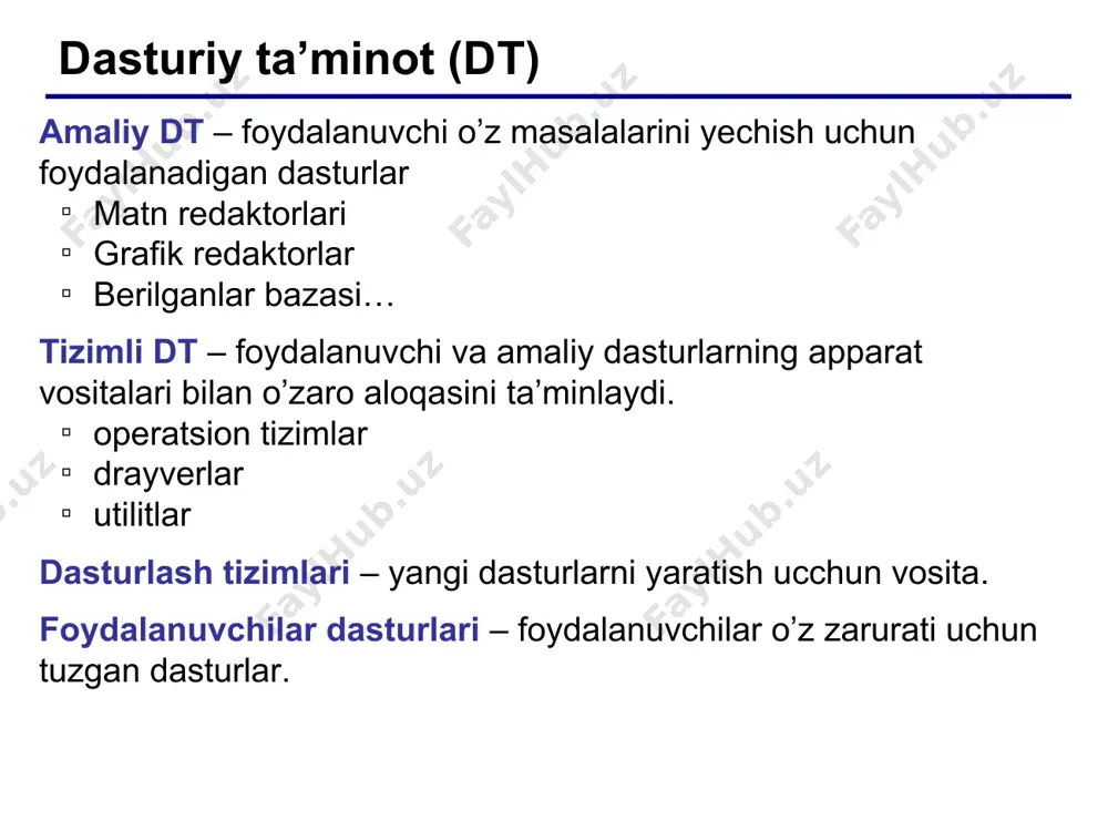 h tizimlari microsoft access – *.mdb, *.accdb openoffice base – *.odb – tekin taqdimotlar yaratish microsoft powerpoint – *.ppt, *.pptx openoffice impress – *.odp – tekin 7 internetda ishlash uchun dasturiy ta’minot brauzerlar – dlya prosmotra web-stranits na ekrane internet explorer – tekin mozilla firefox – tekin www.mozilla.org opera – tekin www.opera.com safari – tekin www.apple.com chrome – tekin http://www.google.com/chrome/ pochta dasturlari – e-mail qabul qilish va jo’natish microsoft outlook express (windows tarkibida ) microsoft outlook thebat www.ritlabs.com mozilla thunderbird – tekin www.mozilla-russia.org 8 tizimli dasturlar operatsion tizimlar operatsion tizim (ot) – bu kompyuter apparat vositalari bilan foydalanuvchi va amaliy dasturlarga qulay interfeys (axborotlarni almashush usuli) taqdim qiluvchi dasturlar kompleksi. ot funksiyalari (u nimani ta’minlaydi): tashqi qurilmalar bilan ma’lumotlar almashish fayl tizimining ishlashi (fayllar, papkalar) boshqa dasturlarni ishga tushirish ba bajarish kompyuterni testlash, xatoliklarga ishlov berish manbalarni taqsimlash (protsessor, xotira, tashqi qurilmalar) 10 fayl tizimlari fat32 (windows 95/98/2000/xp/vista/7) katta disklar …