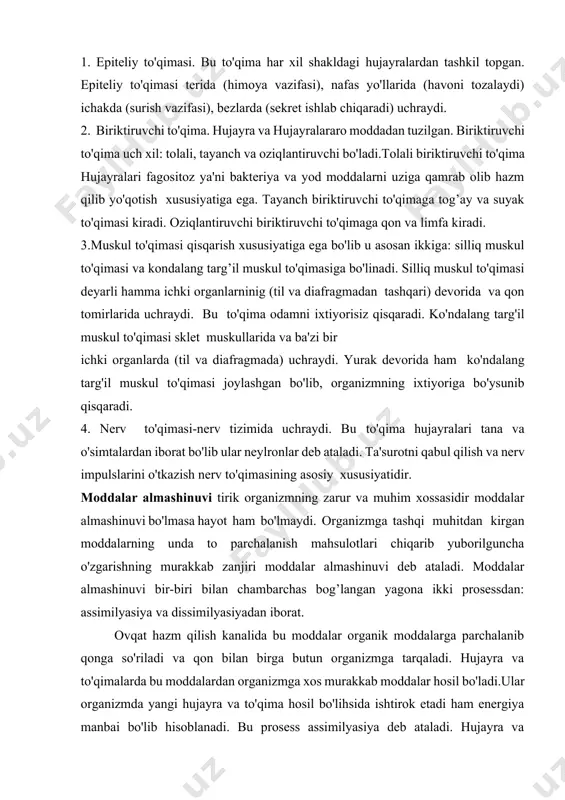 a dissimilyasiyadan iborat. ovqat hazm qilish kanalida bu moddalar organik moddalarga parchalanib qonga so'riladi va qon bilan birga butun organizmga tarqaladi. hujayra va to'qimalarda bu moddalardan organizmga xos murakkab moddalar hosil bo'ladi.ular organizmda yangi hujayra va to'qima hosil bo'lihsida ishtirok etadi ham energiya manbai bo'lib hisoblanadi. bu prosess assimilyasiya deb ataladi. hujayra va to'qimalardagi murakkab organik moddalar doim parchalanib turadi. bunda odamning yashashi harakat qilishi, jismoniy va aqliy mehnat bilan shug'ullanishi uchun zarur energiya ajraladi. bu prosess dissimilyasiya deyiladi. moddalar almashinuvida oqsillar, yog’lar, uglevodlar, suv va mineral tuzlar ishtirok etadi. bundan tashqari organizmning normal rivojlanishi uchun vitaminlar ham katta ahamiyatga ega. oqsillar almashinuvi. organizmda oqsillar yangi hujayralar va to'qimalar xosil bo'lihida plastik material sifatida ishtirok etadi. bir kunda organizmda o'rta shisobda 100- 120 g oqsil kirib turishi kerak. organizmga oqsillar ovqat mahsulotlari (go'sht, tuxum, sut, mosh, loviya kabilar) orqali tushadi. ovqat tarkibidagi oqsillar murakkab oqsillar bo'lib, ular ovqat xazm qilish …