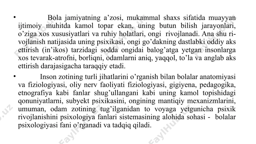 lar yoshni davrlarga ajratishning asoslaridan biri sifatida qaralishi mumkin. rivojlanish belgilaridan biri bo‘lgan yana bir turdagi o‘zgarishlar aniq bir ijtimoiy vaziyatning ta’siri bilan bog‘liq bo‘lib, ularni situatsion (ya’ni vaziyat bilan bog‘liq bolgan) o‘zgarishlar deb atash mumkin. bunday o‘zgarishlar inson xulq-atvori va psixikasida tashkil etilgan yoki maxsus tashkil etilmagan ta’lim-tarbiya ta’sirida vujudga keladi. bolaning psixik rivojlanishini kuzatgan psixologlar (l.s.vigotskiy, p.p.blonskiy, a.vallon, j.piaje va boshqalar)ning aniqlashicha, mazkur kamol topishning o’ziga xos xususiyatlarga asoslangan (senzitiv — qulay) davrlari mavjud bo’lib, ular individning o’zi yashab turgan muhitda (bog’cha, oilada) tutgan o’rni, bilish jarayonlari, o’ziga xos xususiyatlari, holatlari, shaxsi va ongining o’sishi darajasi bilan bevosita bog’liqdir. tadqiqotchilarning uqtirishiga ko’ra, tabiat va jamiyatning qonunlari singari kamol topayotgan bola shaxsi rivojlanishining ham o’z qonunlari bor. bu qonunlar psixologiya fanining maxsus tarmog’i — bolalar psixologiyasining predmetiga kiradi. yosh va pedagogik psixologiya sohasi inson psixikasi faqat miqdor jihatdan emas, balki sifat jihatdan ham rivojlanishi, takomillashib borishi va o’zgarishi haqidagi …