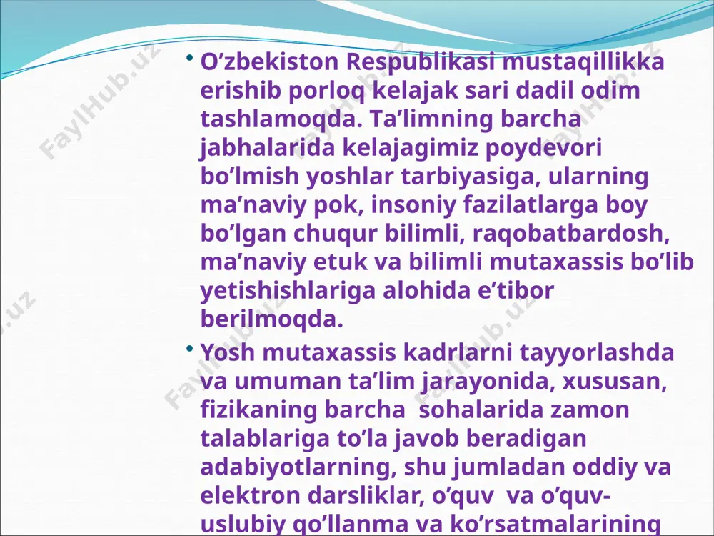 r yulduzlarni koinotda kopligi olam-nostatsionar systema ekanligidan dalolat beradi. 4. . nostatsionar yulduzlarni koinotda kopligi kosmosda o’zgaruvchan obektlarga ishora… adabiyotlar prezident islom karimovning o‘zbekiston respublikasi konstitutsiyasining 20 yilligiga bag‘ishlangan tantanali yig’ilishdagi tabrik so‘zi. zionet. 2012. pоrshnеv s.v. pеrsоnаlniy kоmpyutеr v vuzоvskоm kursе fiziki: еgо mеstо, prоgrаmmnое оbеspеchеniе//uchеbniy ekspеrimеnt v visshеy shkоlе. 1998. № 2. s. 3-8. kunin s. vichislitеlnаya fizikа. m.:mir, 1992. bахvаlоv n.s., jidkоv n.p., kоbеlkоv g.m. chislеnniе mеtоdi, m.: fizmаtlit, 1987. http://fn.bmstu.ru/phys/bib/physbook/tom2/ch7/texthtml/ch7_7.htm http://www.booksgid.com/1808-.html http://www.libedu.ru/l_b/landau_l_d___lifshic_e_m_/kvantovaja_mehanika__t_2.html http://www.twirpx.com/file/22261/ http://lib.mexmat.ru/books/5690 http://www.softtutograf.com/node/3703 16 image4.jpeg image5.jpeg image6.jpeg image7.jpeg image8.png image9.png image2.jpeg