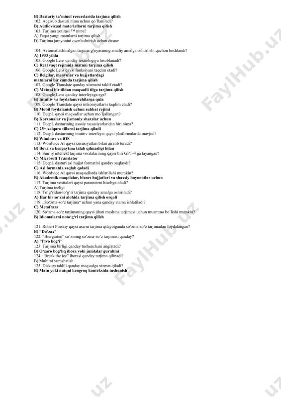 shtirokchilarining o’zaro munosabatlari 65. belgili harakat nima? a) oddiy harakat b) madaniyatga xos harakat c) tarjima qilish mumkin bo‘lgan harakat d) odamlar orasida muloqot uchun ishlatiladigan harakat 66. agar bosh qimirlatish “ha” ma’nosini bildirsa, bu qanday muammoga olib kelishi mumkin? d) o’zaro tushunmovchilik 67. “musht ko‘rsatish” harakati qaysi ma’noni bildirishi mumkin? b) salbiy 68. edvard sepirning g’oyasi nimani ifodalaydi? b) til madaniyatsiz bo’lishi mumkin emas 69. roman yakobson tarjimaning qaysi turini ko’rsatmaydi? a) til ichida tarjima b) tillararo tarjima c) o’zaro muloqot d) ma’nolararo tarjima 70. “primitive culture” kitobi kim tomonidan yozilgan? b) edvard b. taylor 71. qaysi harakat “tishini g‘ijirlatish” deb ataladi? b) clench teeth 72. tarjima qilishda qaysi muammo paydo bo’lishi mumkin? a) asliyat tilidagi harakatlar va tarjima tilidagi harakatlar o’rtasida farq 73. “yelkasini qisish” harakati qaysi inglizcha ifodaga mos keladi? a) shrug of shoulders 74. tarjima jarayonida muhim bo’lgan narsa nima? b) madaniyat va til o’rtasidagi aloqani …