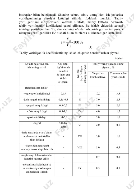 sh xususiyati va boshqalar bilan belgilanadi. shuning uchun, tabiiy yorug’likni ish joylarida yoritilganlikning absolyut kattaligi sifatida ifodalash mumkin. tabiiy yoritilganlikni me`yorlovchi kattalik sifatida, nisbiy kattalik bo’lmish tabiiy yoritilganlik koeffitsienti qabul qilingan. bu ishlab chiqarish xonasi ichidagi yoritilganlikni /ei/, shu vaqtning o’zida tashqarida gorizontal yuzada ulangan yoritilganlikka et/ nisbati bilan foizlarda o’lchanadigan kattalikdir. (1) tabiiy yoritilganlik koeffitsientining ishlab chiqarish xonalari uchun qiymati 1-jadval ko’zda bajariladigan ishlarning ta`rifi ob`ektni ilg’ab olish mumkin bo’lgan eng kichik o’lchami ko’zda bajariladigan ishning razryadi tabiiy yorug’likdagi e ning qiymati, % yuqori va kombinatsiya yon tomondan yoritilganda bajariladigan ishlar: -eng yuqori aniqlikdagi 0,15 i 10,0 3,5 -juda yuqori aniqlikdagi 0,15-0,3 ii 7,0 2,5 -yuqori aniqlikdagi 0,3-0,5 iii 5,0 2,0 -o’rta aniqlikdagi 0,5-1,0 iv 4,0 1,5 -past aniqlikdagi 1,0-5,0 v 3,0 1,0 -dag’al 5,0 dan katta vi 2,0 0,5 -issiq tsexlarda o’z-o’zidan nurlanuvchi materiallar bilan ishlash - vii 3,0 1,0 -texnologik jarayonni umumiy nazorat qilib turish - viii …