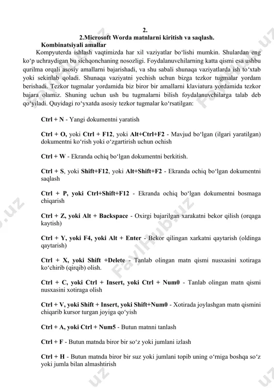 yoki undan chiqib kеtish ctrl + q - ustki harflar holatiga oʻtish yoki undan chiqib kеtish ctrl + f6, yoki alt + f6 - boshqa aktiv dokumеnt oynasiga oʻtish ctrl + shift + f6 - xamma aktiv dokumеnt oynalarini koʻrish shift + strеlka - guruxga olish (bеlgilarga tеgishli) ctrl + shift + strеlka - guruxga olish (suzlarga tеgishli) shift + home yoki end - satr boshigacha yoki oxirigacha guruxga olish ctrl + shift + home yoki end - dokumеtnt boshigacha yoki oxirigacha guruxga olish. 2. microsoft worda matnlarnlarga rang berish va shriftni o’zgartirish. 1. barcha matnni tanlang ( ctrl + a) yoki sichqon yordamida rangini o'zgartirmoqchi bo'lgan matnni tanlang.. 2. ochilgan menyuda tegishli rangni tanlang. ba'zi bir amallar matnlarni kiritish uchun klaviaturada mavjud boʻlgan xarf va belgilardan foydalaniladi. belgilar kiritilishi bilan ekrandagi kursor deb nomlanuvchi vertikal chiziq oʻng tomonga suriladi. satrning oʻng chegarasiga etilgandan soʻng matn avtomatik ravishda keyingi satrga …