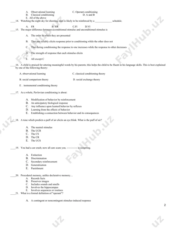 ment b. shaping d. negative punishment e. classical conditioning ____9. many fathers find that once their baby learns to say "daddy" they begin to call all men by this name. this is an example of: a. acquisition c. extinction b. stimulus generalization d. stimulus discrimination e. spontaneous recovery ____10. kassa is not allowed to go out and play with his friends, but when his parents are in good mood he asks if he can play. this indicates a. acquisition c. extinction b. stimulus generalization d. stimulus discrimination e. spontaneous recovery ____11. when older siblings help their younger siblings learn which behaviors will be punished and which will be reinforced, the younger siblings experience a. observational learning c. operant conditioning b. classical conditioning d. a and b e. all of the above ____12. if taking a nap in the mid day often relieved you from frequent headache, then being relieved from …
