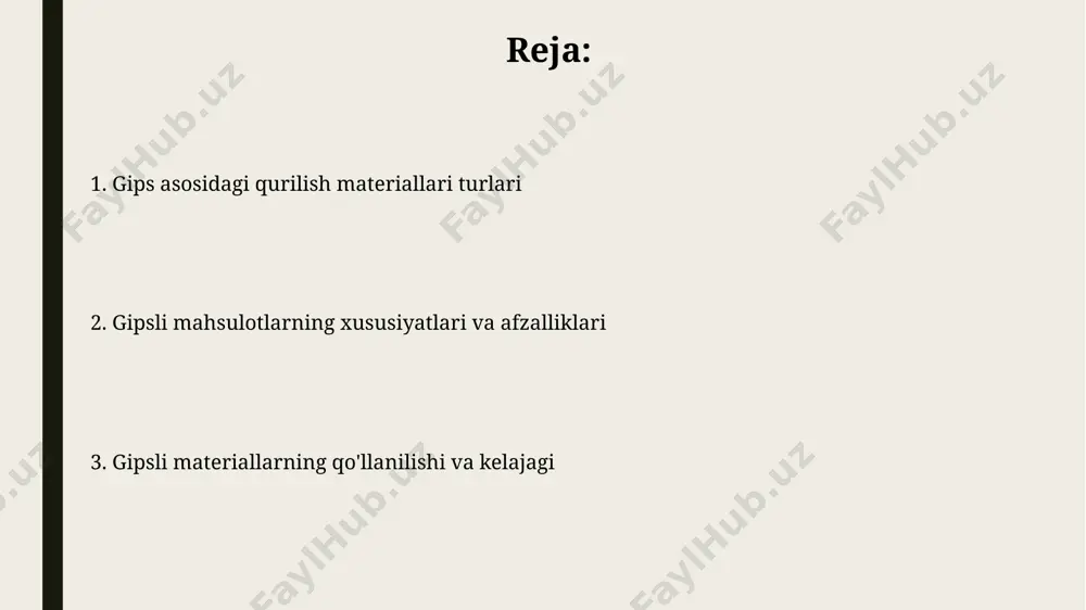 gipsdan tayyorlanadi va formaldegid kabi zararli moddalarni chiqarmaydi, ichki muhit uchun xavfsizligi 1-darajali. gipsning xossalari va afzalliklari gipsli materiallar 90% gacha tabiiy minerallardan iborat bo'lib, ekologik toza va sog'lom ichki muhit yaratadi, issiqlik o'tkazuvchanligi past (0,2-0,4 vt/m·k) bo'lgani uchun energiya tejashga yordam beradi. gipsli plitalar va bloklar yuqori mexanik mustahkamlikka ega (7-15 mpa), tez va oson o'rnatiladi, qurilish vaqtini 20-30% qisqartiradi. gipsli devor panellari va qoplamalari gipsli devor panellari va qoplamalari o'rtacha 20-30 mm qalinlikda bo'lib, og'irligi va issiqlik o'tkazuvchanligi jihatidan an'anaviy g'ishtlarga nisbatan ancha yengil va samaraliroqdir. yuqori sifatli gipsli devor panellari va qoplamalari, yonuvchanlik darajasi b2 bo'lib, o'tga chidamlilik va yong'in xavfsizligini ta'minlashda muhim rol o'ynaydi, standartlarga javob beradi. gipsli qurilish materiallarining qoʻllanilishi gipsli shlak bloklari o'rtacha 500 kg/m³ zichlikka ega bo'lib, issiqlik o'tkazuvchanligi pastligi sababli energiya tejashga yordam beradi va bino akustikasini yaxshilaydi. gipsli bogʻlovchi materiallar beton aralashmalariga 10-15% miqdorida qoʻshilganda, betonning mustahkamligi va suv oʻtkazmaydigan xususiyatlari …