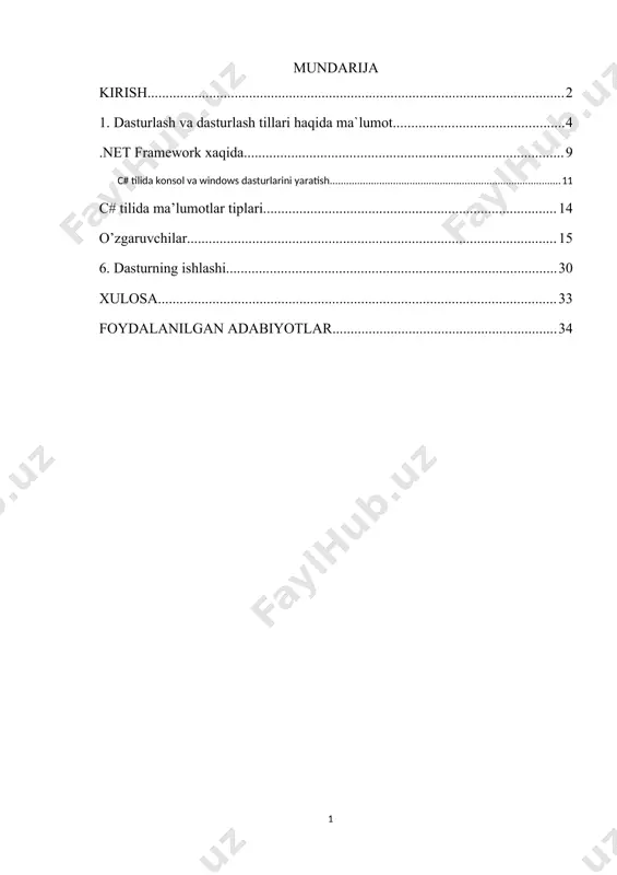 t yo`lidan borayotgan mamlakatimizning uzluksiz ta`lim tizimini isloh qilish va takomillashtirish, yangi sifat bosqichiga ko`tarish, unga ilg`or pedagogik va axborot texnologiyalarini joriy etish hamda ta`lim samaradorligini oshirish davlat siyosati darajasiga ko`tarildi. «ta`lim to`g`risida»gi qonun na «kadrlar tayyorlash milliy dasturi»ning qabul qilinishi bilan uzluksiz ta`lim tizimi orqali zamonaviy kadrlar tayyorlashning asosi yaratildi o`zbekistonning iqtisodiy va ijtimoiy sohalarda yuqori natijalarga erishishi, jahon iqtisodiy tizimida to`laqonli sheriklik o`rnini egallab borishi, inson faoliyatining barcha jabhalarida zamonaviy axborot texnologiyalaridan yuqori darajada foydalanishning ko`lamlari qanday bo`lishiga hamda bu texnologiyalar ijtimoiy mehnat samaradorligini oshishida qanday rol o`ynashiga bog`liq. keyingi yillarda mamlakatimiz ilm-fani ham axborotlashtirishning nazariy asoslariga katta hissa qo`shib kelmoqda, shu bilan birgalikda, hodisalar, jarayonlarni yagona axborot asosida tadqiq etishning ilmiy yo`nalishlarini tahlil va sintez qilish natijasi bo`lgan fan-informatikaning vujudga kelishiga boshlang`ich nuqta qo`yildi. kurs ishining dolzarbligi: ushbu kurs ishi orqali c# dasturlash tilida, hozirgi kunda kompyuterda berilgan masalalarni yechish uchun qulaylik yaratish. kurs ishining maqsadi va …